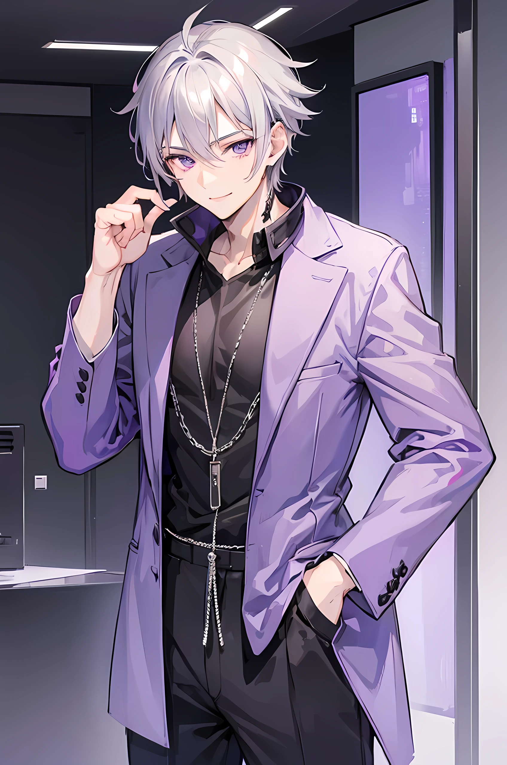 Young man, grey hair, purple eyes, smile face, modern style, handsome man, bad boy, scoffed