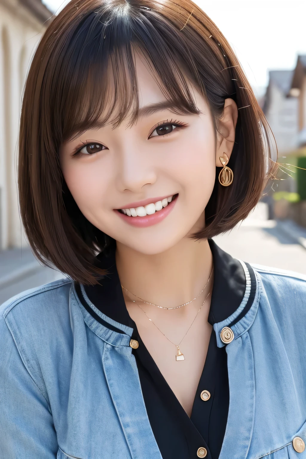 Beautiful young woman、 Korean women、Light brown hair、Black Hair、short hair、ear piercing、Necklace around the neck、blouse、Jacket、smile、Laughing with your mouth open、Beautiful teeth alignment、Intricate details, Very detailed:1.2), 、 Looking into the camera,The background is the town