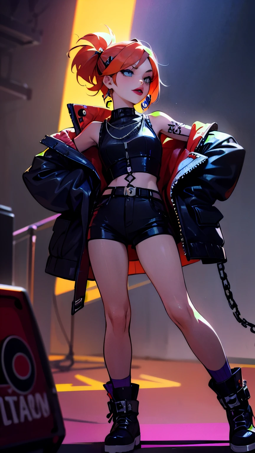 Punk rock musician girl, white red purple orange yellow mesh color hair, dark eyeshadow, blue eyes, bright red lipstick, black leather cut and sew sleeveless top, black leather chain shorts, black leather heel boots, necklace, slum stage with a strange atmosphere, midnight, punk outfit,