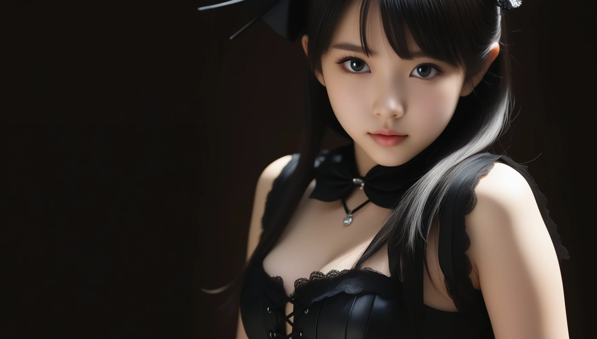 8k, Ultra-high resolution, highest quality, masterpiece, Rule of thirds photography,Surreal, photograph, 1 girl, (10 years old:1.3), pretty girl, Cute Face, Beautiful eyes in every detail, 細かくdetailedに,masterpiece,, One Girl:1.2, Japanese elementary school students,  (((Absolute full-length images,Front view))),((Ultra-Realistic Details)) 、 Portraiture 、 Octane Rendering , Ultra Sharp 、 ( Leather lace-up corset and panties、garter belt,Shiny black silk stockings),((Bondage and Gothic Lolita)) 、Intricate decorative details 、 Vibrant colors 、 Very intricate detail 、 Realistic Light 、 CG Trends、Sparkling eyes、To the camera、Small breasts、Long straight black hair、whole bodyを直立させた姿勢、Inner part of a cathedral,Looking at the audience、beauty,Long neck、Laugh a little、Please close your mouth and laugh、(((Ideal body type))),A-cup small breasts :2,whole body、Perfect Anatomy、鮮明なdetailed、detailed、Surreal、Light and shadow,Strong light
