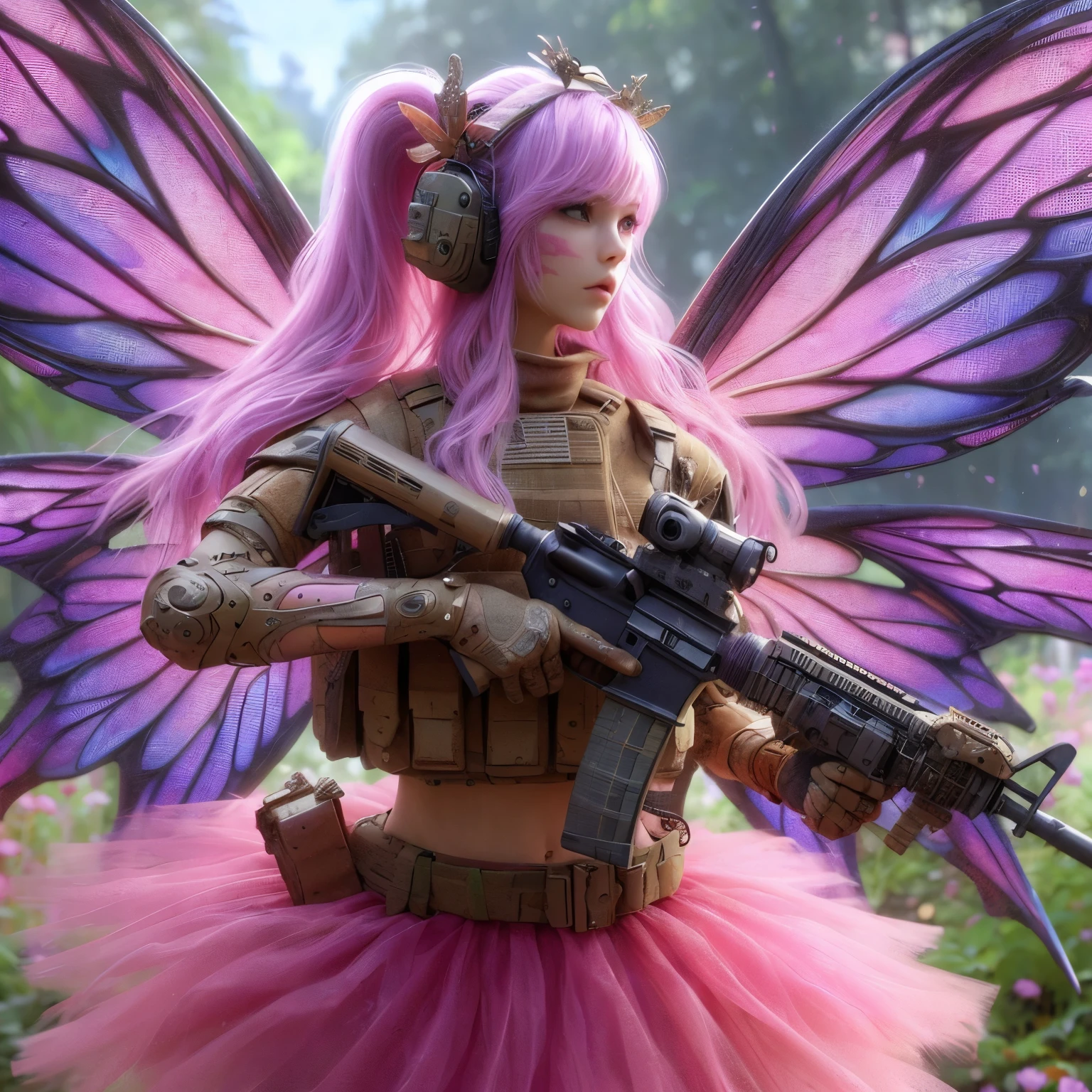 A pink haired Tuff Warrior Fairy Female, 2 extremely large violet elegant fairy wings, wearing a pink tutu and panties, and combat fatigues and tan pink black and gold colored marine miliary armor, forest village dystopian word at war, fairy fighting like mad with machine guns in hand to restore order 24k resolution, hyperdetailed photorealistic, sci-fi impressionist art style