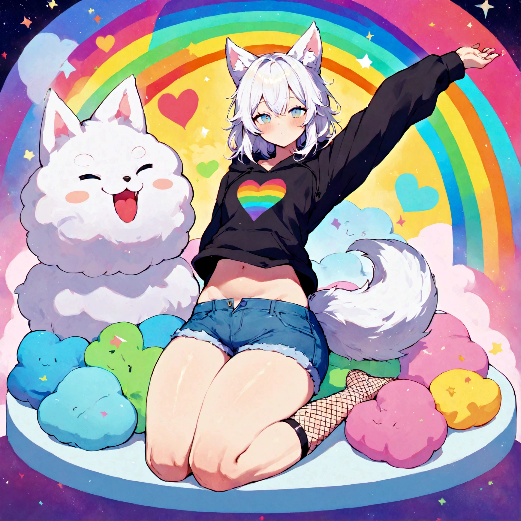 a cute adult male with wolf ears, white hair, has a wolf tail, wearing a loose cropped oversized black hoodie, wearing a pair of denim short shorts and fishnet stockings, thick thighs, wide hips, relaxing on mound of fluffy multi colored kawaii plushies, short, very slim, showing slender tummy, stretching out, heart on hoodie, squishy thighs, has glowing blue eyes. alone, solo (ALONE)(SOLO), surrounded by rainbows, colorful galaxy backround