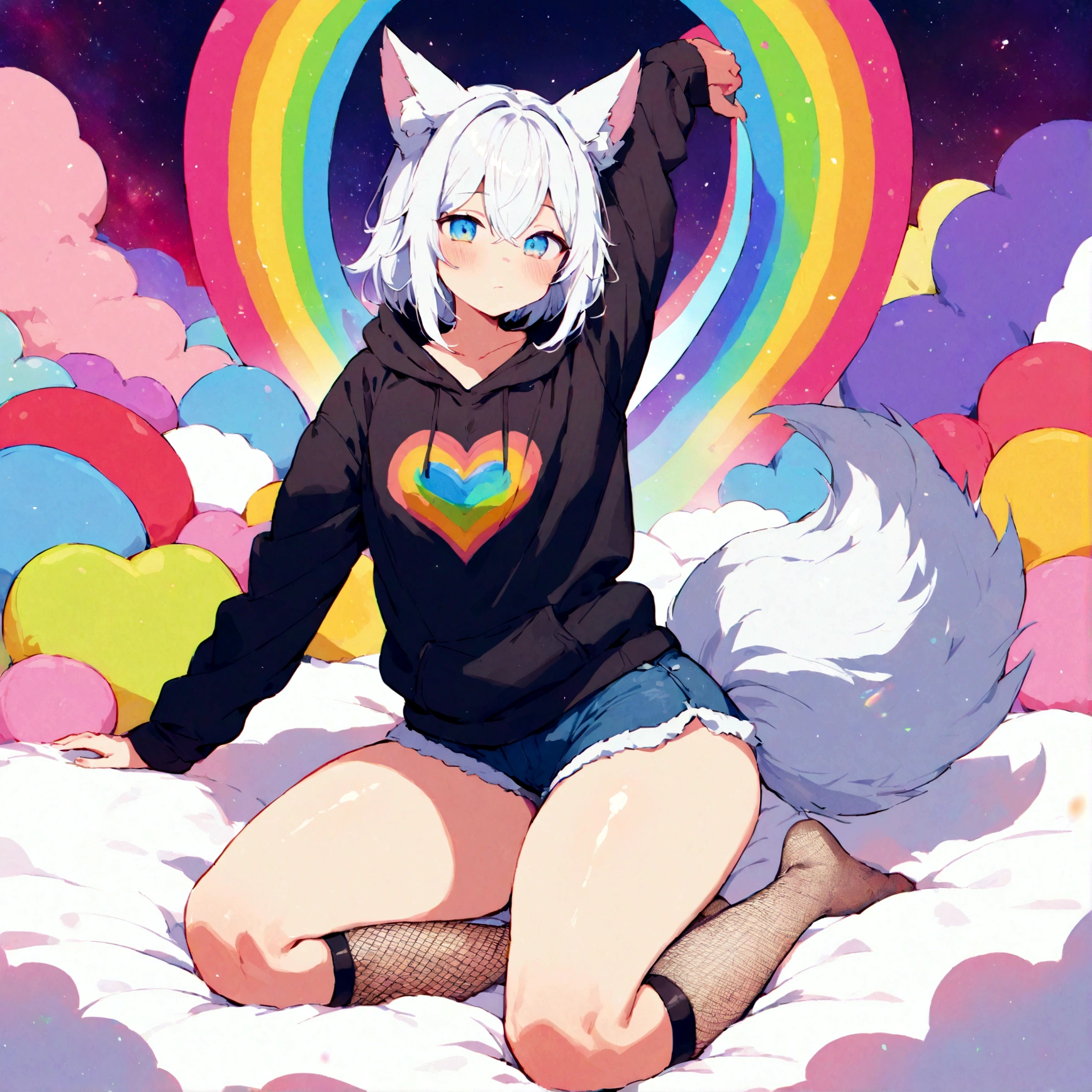 a cute adult male with wolf ears, white hair, has a wolf tail, wearing a loose cropped oversized black hoodie, wearing a pair of denim short shorts and fishnet stockings, thick thighs, wide hips, relaxing on mound of fluffy multi colored kawaii plushies, short, very slim, showing slender tummy, stretching out, heart on hoodie, squishy thighs, has glowing blue eyes. alone, solo (ALONE)(SOLO), surrounded by rainbows, colorful galaxy backround