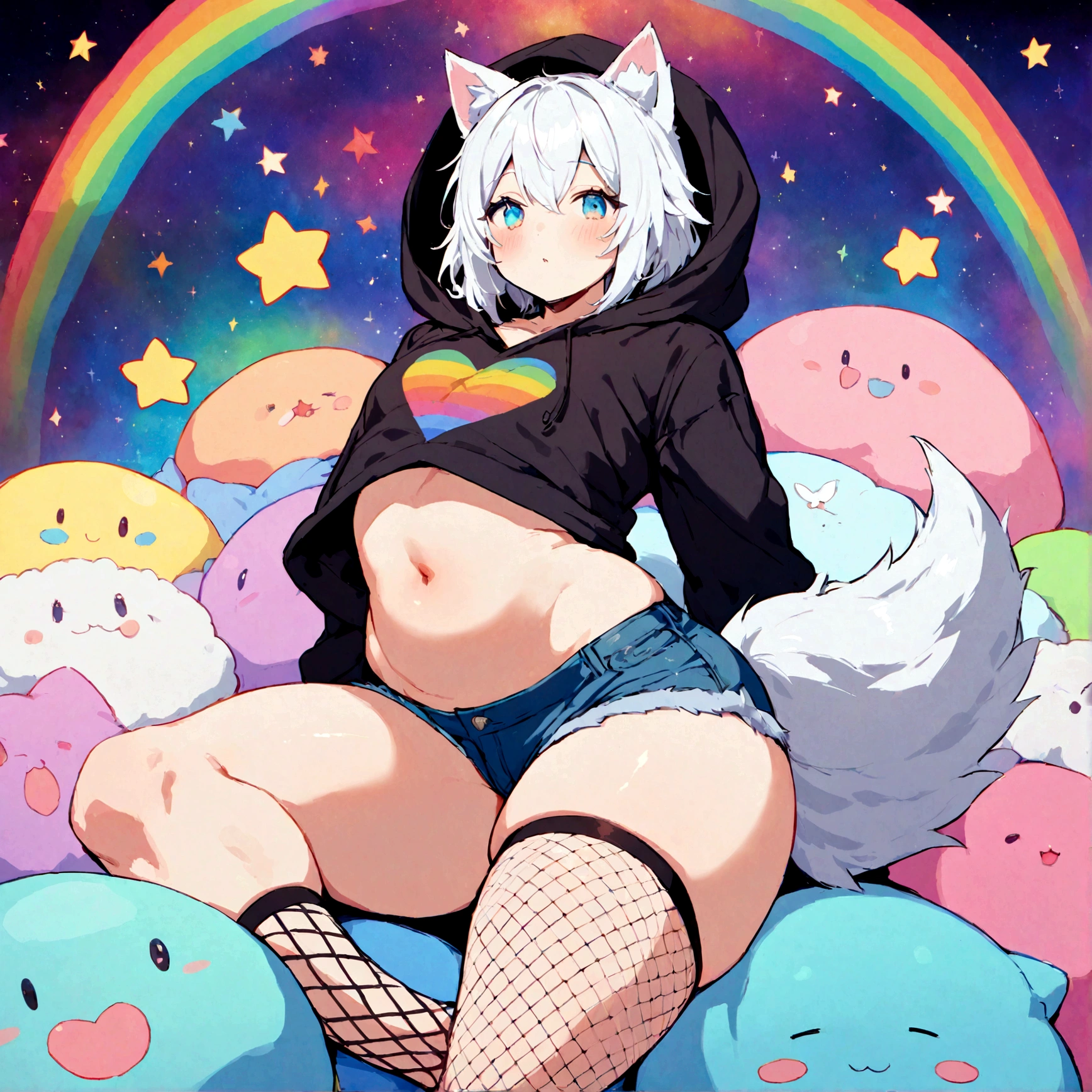 a cute adult male with wolf ears, white hair, has a wolf tail, wearing a loose cropped oversized black hoodie, wearing a pair of denim short shorts and fishnet stockings, thick thighs, wide hips, relaxing on mound of fluffy multi colored kawaii plushies, short, very slim, showing slender tummy, stretching out, heart on hoodie, squishy thighs, has glowing blue eyes. alone, solo (ALONE)(SOLO), surrounded by rainbows, colorful galaxy backround