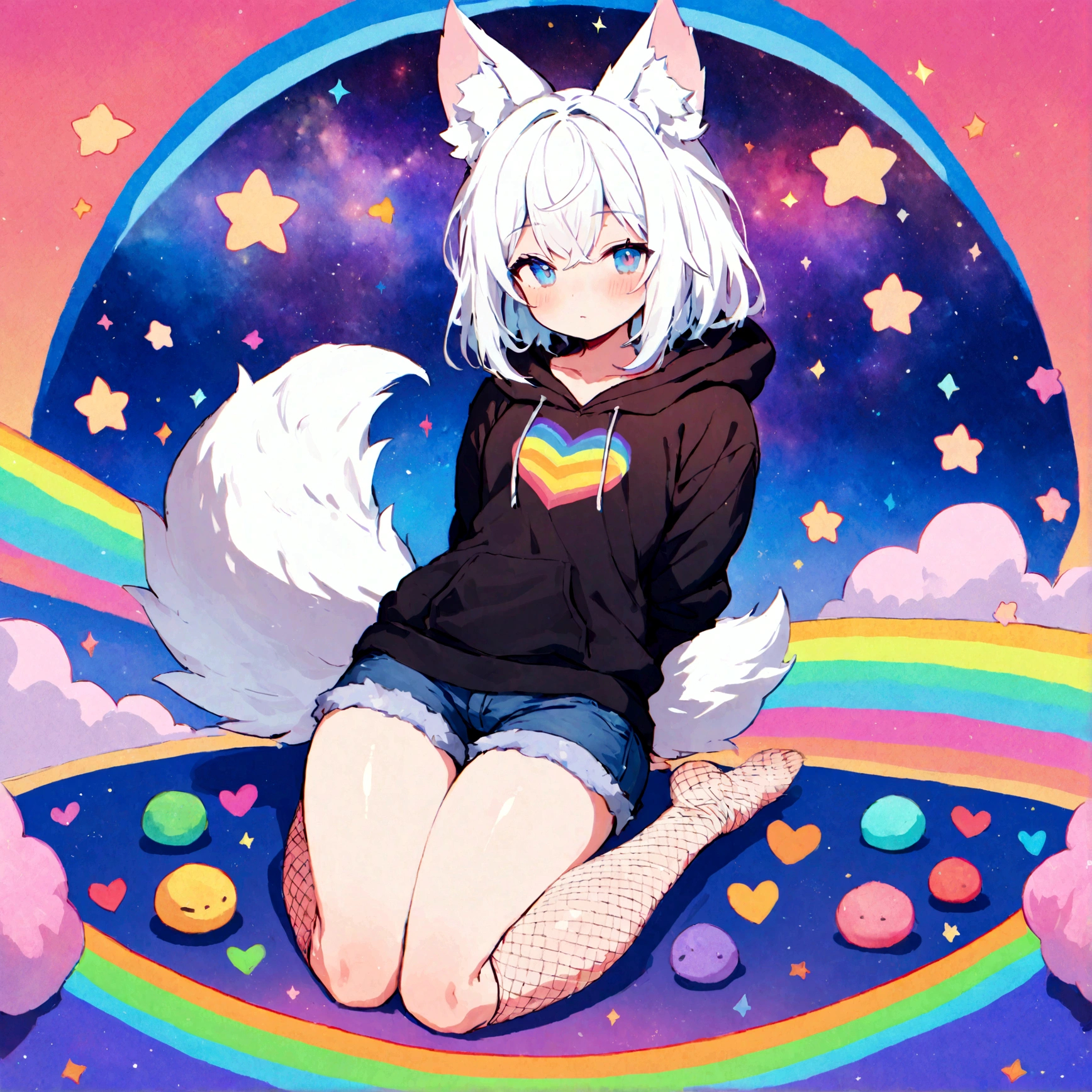 a cute adult male with wolf ears, white hair, has a wolf tail, wearing a loose cropped oversized black hoodie, wearing a pair of denim short shorts and fishnet stockings, thick thighs, wide hips, relaxing on mound of fluffy multi colored kawaii plushies, short, very slim, showing slender tummy, stretching out, heart on hoodie, squishy thighs, has glowing blue eyes. alone, solo (ALONE)(SOLO), surrounded by rainbows, colorful galaxy backround