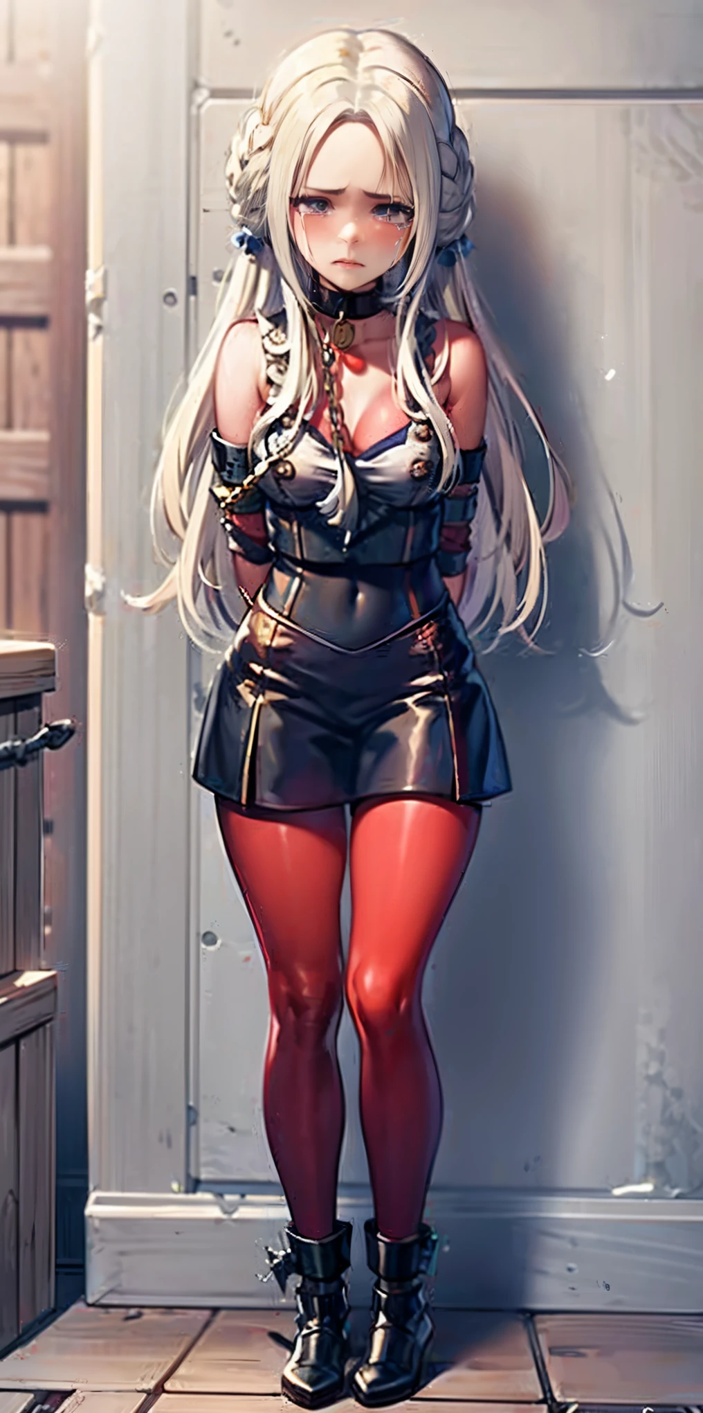 (masterpiece, best quality), intricate details, 1girl, 1girl in, age19, Solo, Long hair, Colossal, Looking at Viewer, blond hair, Alexis Texas (standing full body toe to head by wooden pole:1.2) iron collar, arms behind back, iron cuffs, shackles, bound, bondage outfit, harness, o-ring, bondage outfit blindfolded, happy red cheeks, chain leash collar choker neck bell shackles wristbands bracers bracelets, cleave gag, sad face, red cheeks, cryings tears, painful (she was sold and betrayed by her own family)