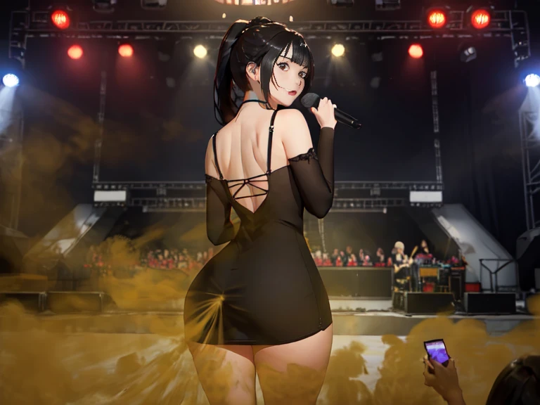 (((Women farting))),(girl farting while stand)),(stand mic),shocked,(a female singer),(wearing a short dress with stocking),(),(view from behind) (ponytail hair black hair),(Asian woman),(concert stage),(masterpiece:1.2、top-quality)、(the Extremely Detailed CG Unity 8K Wallpapers、ultra-detailliert、Best Shadows)、(Detailed background)、(The best lighting、extremely delicate and beautiful)、depth of fields、1girl in、report、upward looking gaze、