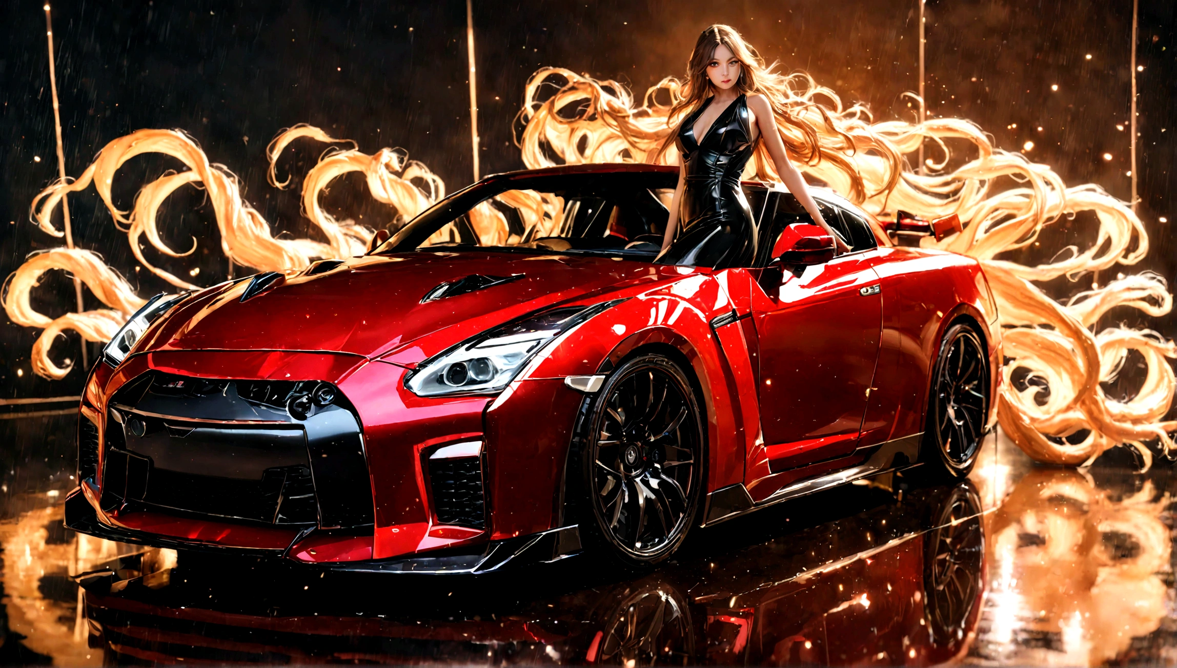 a nissan gtr,a beautiful woman in a tight black dress,elegant pose,dramatic lighting,cinematic atmosphere,highly detailed,photorealistic,chiaroscuro lighting,dramatic shadows,glossy car paint,flawless skin,flowing dress fabric,depth of field,award winning photography,8k,cinematic composition