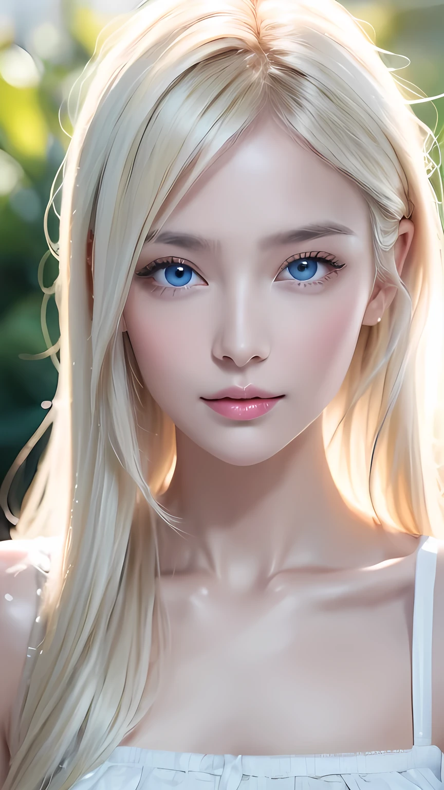 True Photo Quality、Extraordinary sexy beauty、Beautiful calm and bright expression、Sexy refreshing look、Long bangs that fall on a perfect beautiful cute face、Super long platinum blonde straight silky hair、blonde on a beautiful face、Very cute beautiful sexy young little woman、Very perfect beautiful cute face、Beautiful bright sky blue eyes、Very big eyes、bangs over eyes、Hair above one eye、Hair between the eyes、Very radiant white skin、Cheek gloss