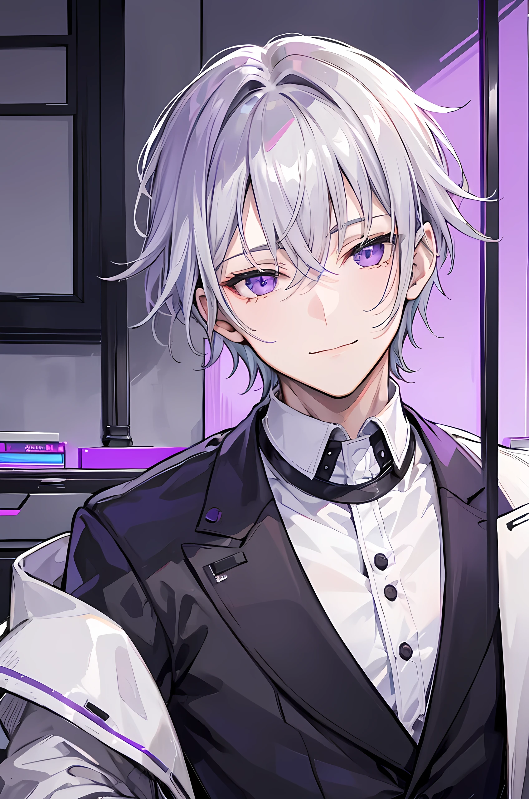 Young man, grey hair, purple eyes, smile face, modern style, handsome man, bad boy, scoffed