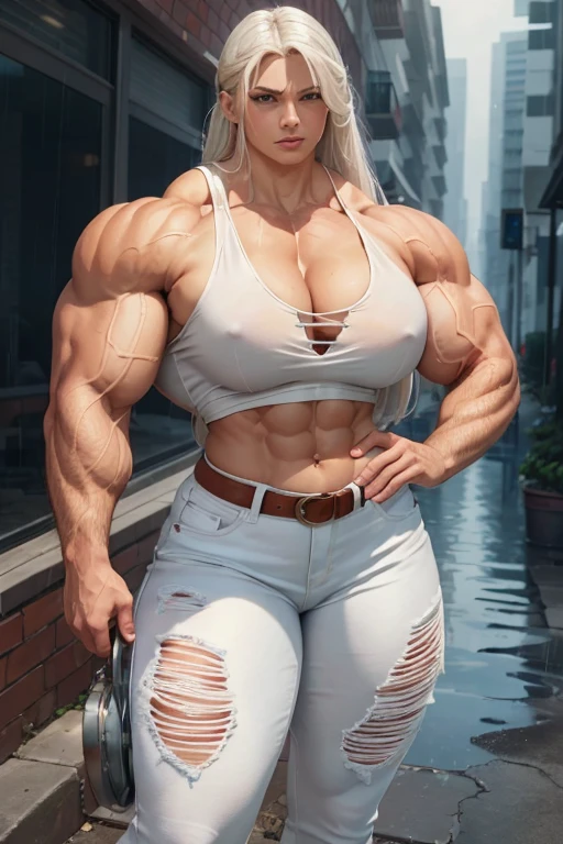 ((((Massive, beautiful, buff, light brown skinned, muscular woman with white hair, ginormous bulky muscles and wearing a beautiful white unbuttoned blouse with white denim pants)))), (close view), massive muscles, massive biceps, hyper muscle triceps, (long straight hair), white denim pants, (chain belt), blue eyes, (chained gauntlets), high heels boots, (on top of a dilapidated building surrounded by water and rain), night, smug smile, hyper muscles arms, hyper muscle legs, massive arms.