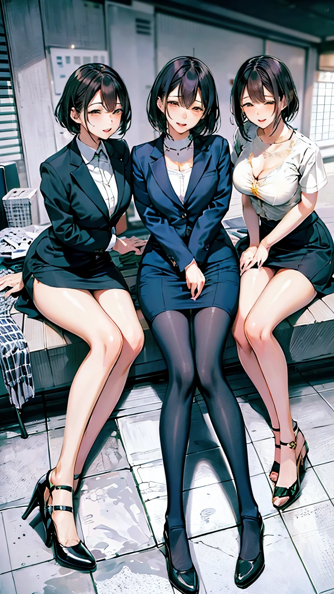 Pencil Skirt, Three women sleeping on a train, Leaning against a wall. Their heads are connected to each other. She spreads her beautiful legs. Wear a tailored suit and a fitted skirt. Sunset outside the large window, Tokyo's business district, Sweat on the forehead in the summer heat. Her underwear is visible between her beautiful legs. These girls are wearing high heels. This photo shows、The photo was taken from a distance so as not to be noticed by the audience.。