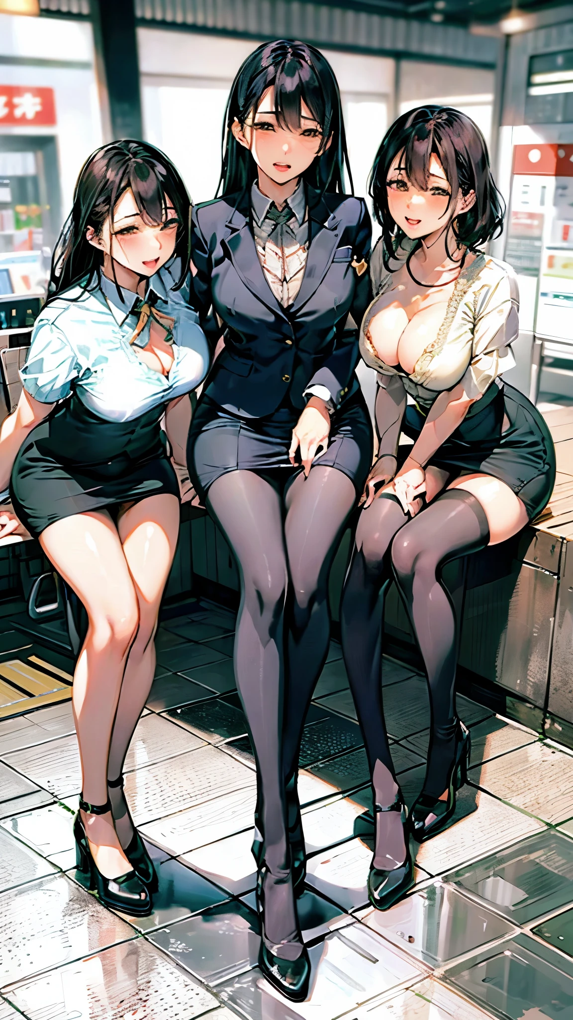 Publicly available images:2.0,Company receptionist,open legs,ID card,Sweat,Disheveled Hair,Job hunting suit:1.5,Ahegao,orgasm:1.5, Pencil Skirt,High heels,groupshot,multiple women:1.5,pee,Attractive Thighs,Indecent Legs