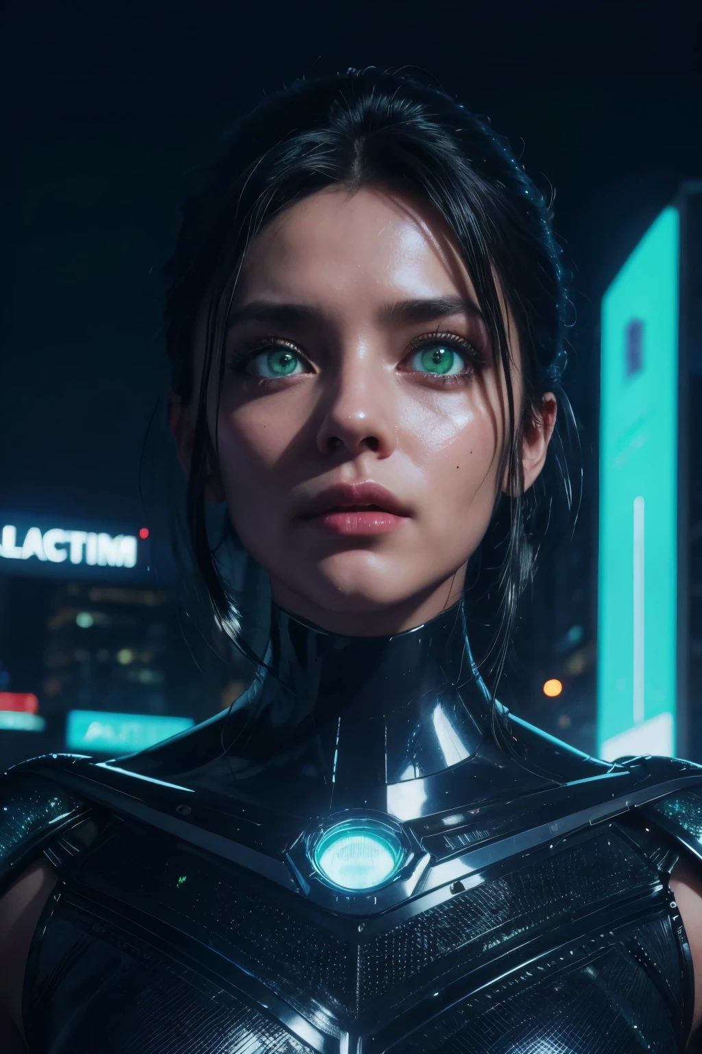 a woman robot from 2099, extremely detailed, cinematic lighting, dramatic pose, neon cyberpunk city background, hyper realistic, 8k, award winning digital art, intricate machinery, glowing eyes, chrome metal skin, dynamic composition, stunning colors, photorealistic, chiaroscuro lighting, elegant and powerful, futuristic, cinematic angle
