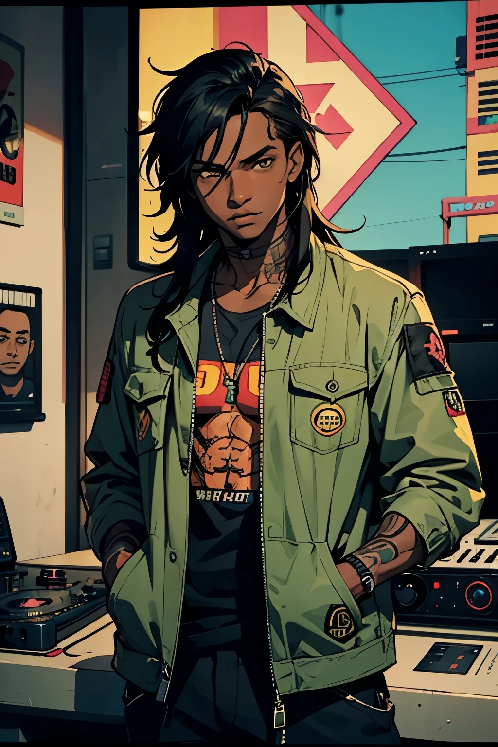 GTA style, Vice City, VCS, loading screen, radio station, DJ, Wave 103, host; male, femboy, dark skinned, African, messy long hair, tattoos, olive drab cargo jacket, African symbols
