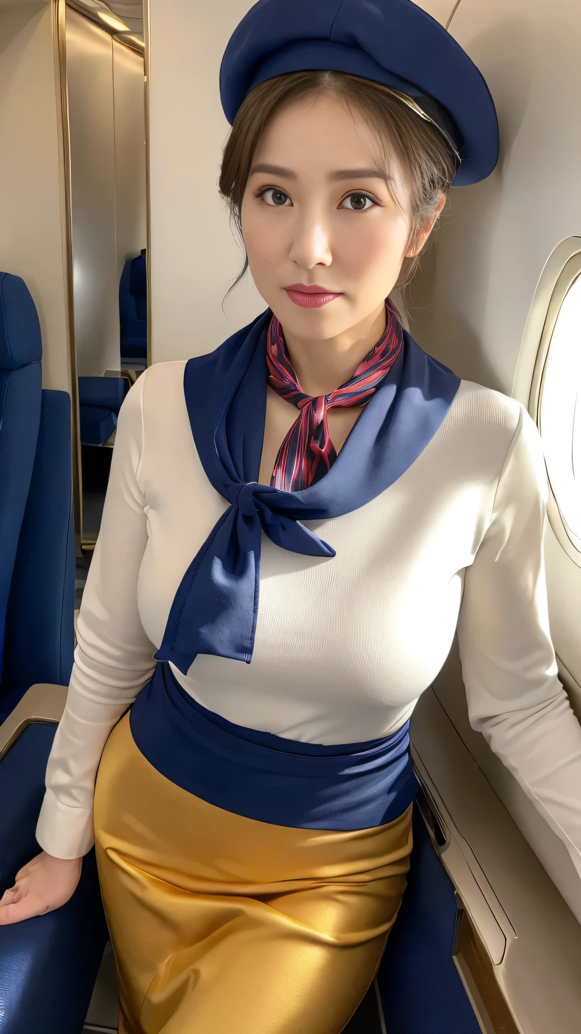 (8k, best quality, masterpiece, golden ratio composition,:1.3), (Zoom out shot:1.2), (A beautiful Japanese mature woman dressed in a classic flight attendant uniform, uniform is navy blue with a matching small beret, white blouse, red neck scarf, neatly styled hair ,light makeup), (huge breasts), standing in an airplane cabin