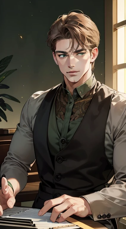 masterpiece, best quality, realistic, 1man, mature male, quiet and charming 1male, 39 years old, close his eyes, smirk, closed mouth, extremely detailed face, a little distant, ((dark green eyes)), ((short-side-swept sandy brown hair)), [thick eyebrows], playing piano, 4K, cool light setting, (in the night)