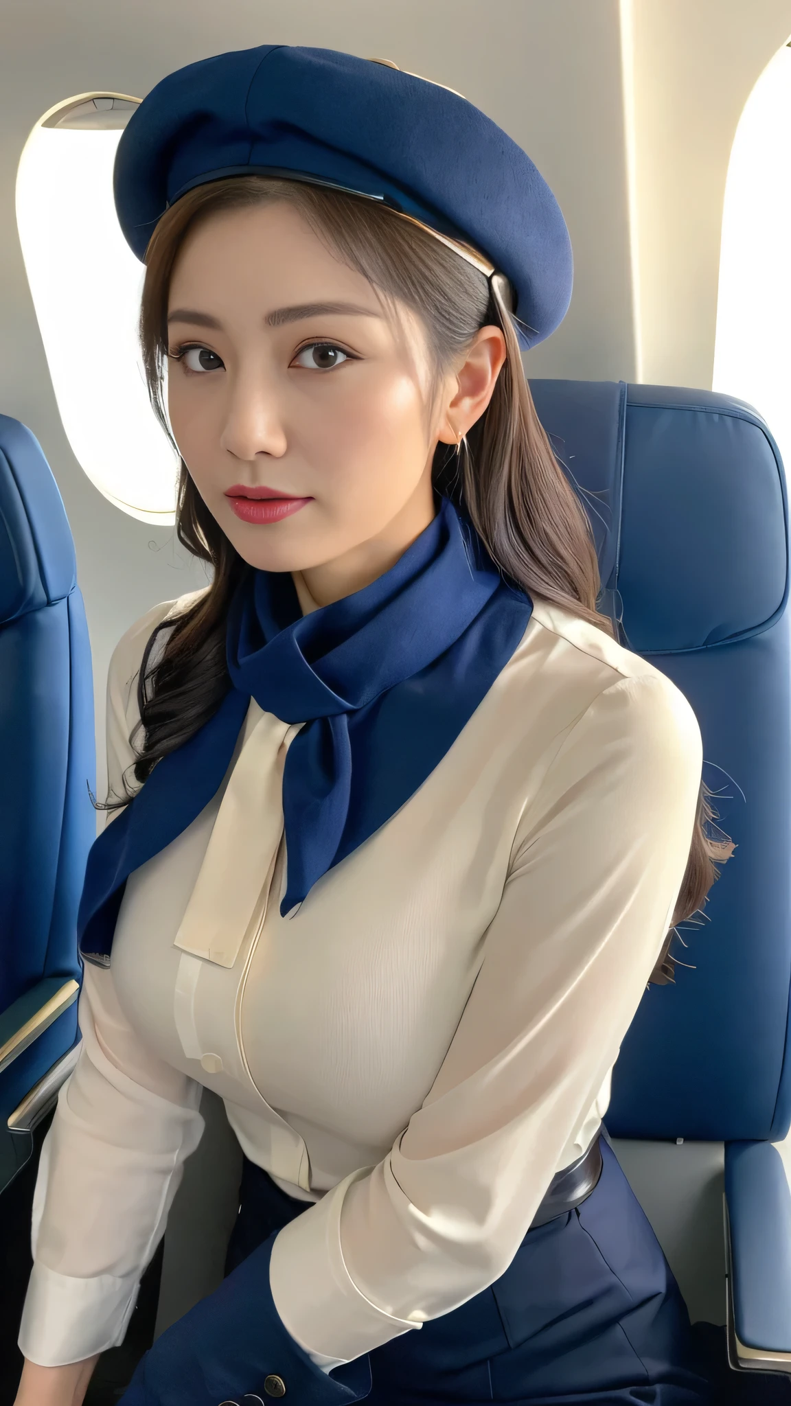 (8k, best quality, masterpiece, golden ratio composition,:1.3), (Zoom out shot:1.2), (A beautiful Japanese mature woman dressed in a classic flight attendant uniform, uniform is navy blue with a matching small beret, white blouse, red neck scarf, neatly styled hair ,light makeup), (huge breasts), standing in an airplane cabin