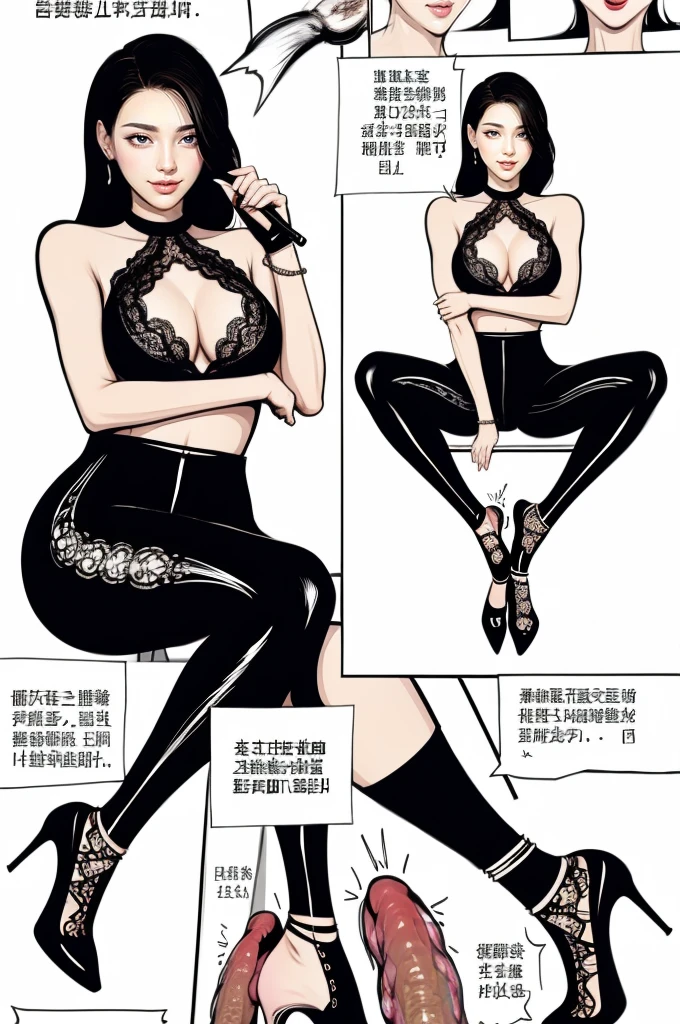 The beautiful girl in lace top and leggings is sitting astride a pile of skeletons in the center of the picture. She is holding a trembling sausage with juice squeezed out in her hand and smiling. There are multiple comic storyboards in the background,cbt, sausage ,sausage insertitrampling sage with high heels heel,(masterpiece, best quality:1.2),1 beautiful girl,sexy,comic storyboa2, leggings, sit astride, axially symmetrical:2, ,femdom,sounding,cbt,hole,colorful,leggings,thin gap,cameltoe,insertion,trembling,juice,sp hair,Lace top,Sexy, Shiny leggings, High heel,cleve, trampling, in forest, saliva , Mucus,