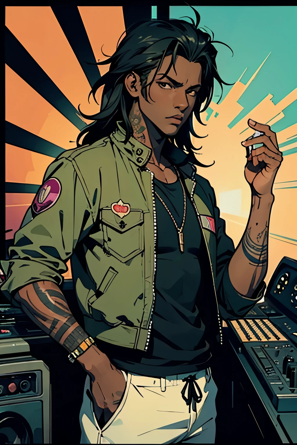 GTA style, Vice City, VCS, loading screen, radio station, DJ, Wave 103, host; male, femboy, dark skinned, African, messy long hair, tattoos, olive drab surplus jacket, ethno style