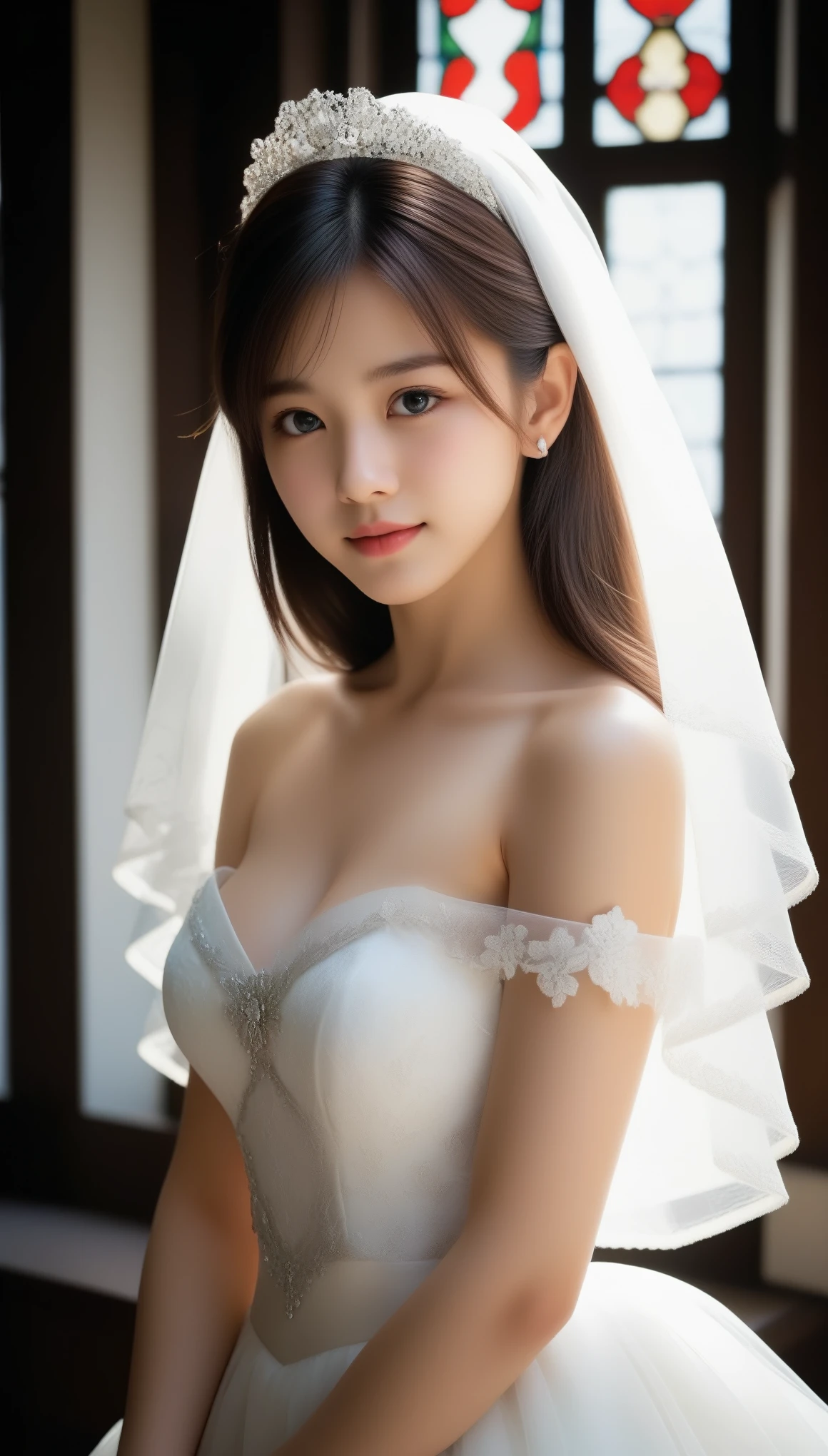 8k, Ultra-high resolution, highest quality, masterpiece, Rule of thirds photograph,Surreal, photograph, 1 girl, (:1.3), pretty girl, Cute Face, Beautiful eyes in every detail, 細かくdetailedに,masterpiece,, One Girl:1.2, Japanese junior high school students, (Beautifully tied hair:1.3). (In the background is a very large and luxurious chapel..:1.3) ((驚くほど非常にSharp focus:1.3)).smile (Very beautiful and gorgeous stained glass:1.3) Notre Dame Cathedral (A very gorgeous altar)(whole bodyポートレート:1.3) Landscape Wedding Style bride Beautiful and luxurious bouquet Lace veil Wedding dress Very erotic dress ((whole bodyショット:1.4))、(Erotic half-open lips:1.3)、(8k) I want to have sex 、(Realistic:1.5)、RAWphotograph、(Best image quality:1.4)、(Sharp focus:1.5)、 highest quality、 (Erotic half-open lips:1.3) 超A high resolution、Perfect dynamic composition、 15 years oldful woman:1.4、Strapless bra、 Light brown hair、Bobcut、Shiny Hair、 非常にdetailedな顔、double eyelid、 Natural color lip、Beautiful Skin、,Looking at the audience、beauty,Long neck、Laugh a little、Please close your mouth and laugh、(((Ideal body type))),A-cup small breasts :2,whole body、Perfect Anatomy、鮮明なdetailed、detailed、Surreal、Light and shadow,Strong light