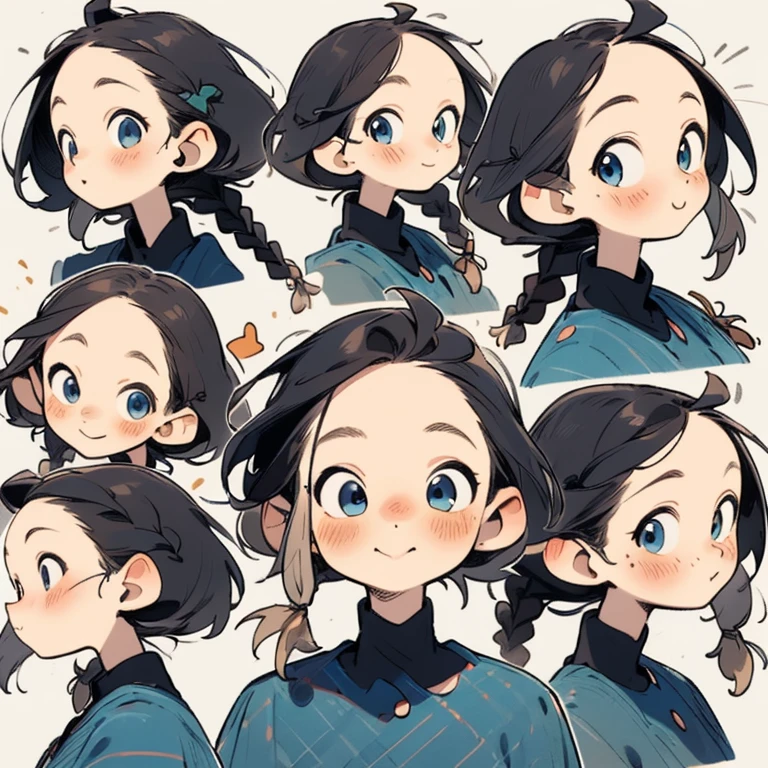 (masterpiece, 8K, best quality, Very detailed, 1 girl), 3*3 grids, 9 emoji packs, 9 poses and expressions(Orderly rows:1.1,Separate,No Overlap),(Single Braid Black Hair, Parted bangs, forehead, blue eyes), White background, Cool smile, Different emotions