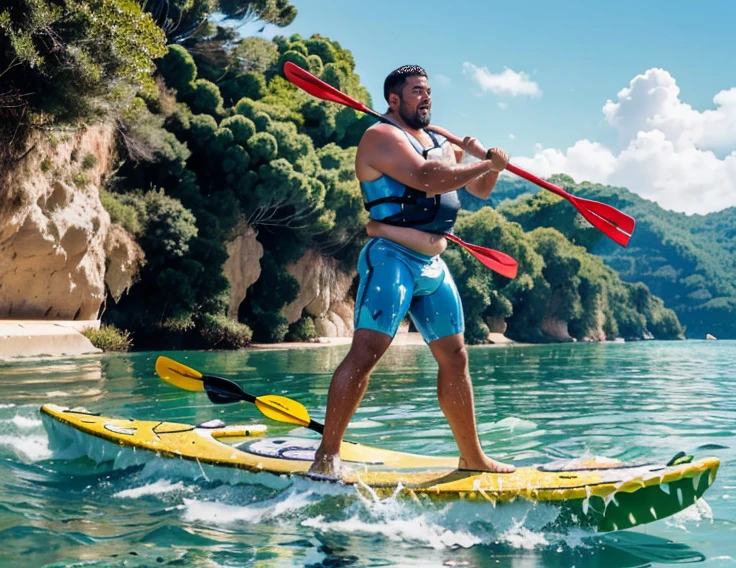 RAW, realistic photo of a national foundation,Masterpiece,top quality,fat man,Hug a man,wearing Speedo verde ou amarelo ou branco,(((practicing water sports "stand up paddle"com prancha e remo ))