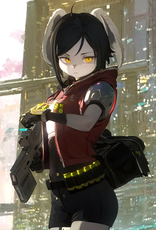A portrait of a young adult female, furry, fluffy cheeks, animal nose, light and dark grey body fur, chin-length jet black hair, golden feline eyes, metallic chest armor under a red cropped hoodie, black bodysuit with short shorts, looking off in the distance, long floppy ears, sunset in a futuristic city, serious expression, wielding submachine gun, holographic interface