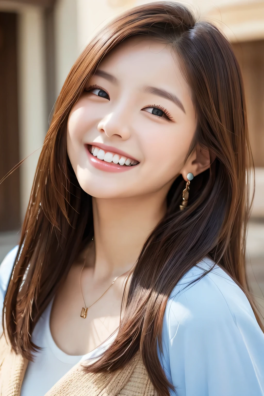 Beautiful young woman、 Korean women、Light brown hair、Black Hair、ear piercing、Necklace around the neck、blouse、Jacket、smile、Laughing with your mouth open、Beautiful teeth alignment、Intricate details, Very detailed:1.2), 、 Looking into the camera,The background is the town