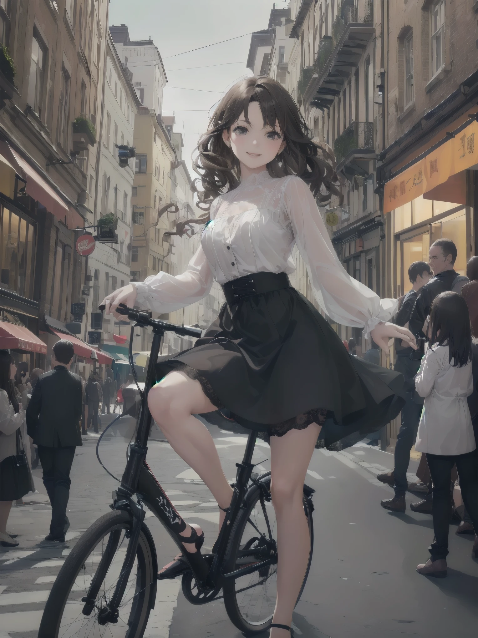 (((Very detailed, Very detailed CG ユニティ 8k 壁紙, figure, High resolution, Absurd, Beautiful fine details, finely detailed 胸, Very detailed髪)), ((masterpiece))
Subject: {A naïve young girl is boldly flouncing around
Subtitle: {Long brown curly hair}{Gothic dress, chiffon blouse and tulle skirt, lace and bead decoration}{Cycling in the city}{Streetscape of squares and cafés}{Glowing smile}{Drone camera, f/2.8, 1/2000 sec, ISO 400, wide angle lens}

A girl with long, curly brown hair is cycling in a cityscape of squares and cafés. She is dressed in a gothic dress, her chiffon blouse swaying in the breeze and her tulle skirt fluttering lightly. The dress is decorated with lace and beads, fashionable and detailed. Her muscles move powerfully with each pedal stroke, and her radiant smile attracts people in the street. In the background, a view of fashionable cafés and squares gives a sense of the bustling city atmosphere. Filmed with a drone camera at f/2.8 aperture, shutter speed 1/2000 sec, ISO 400, the wide-angle lens clearly captures the vast landscape and her movements. Her active appearance is depicted as realistically as if it were a scene from a film.