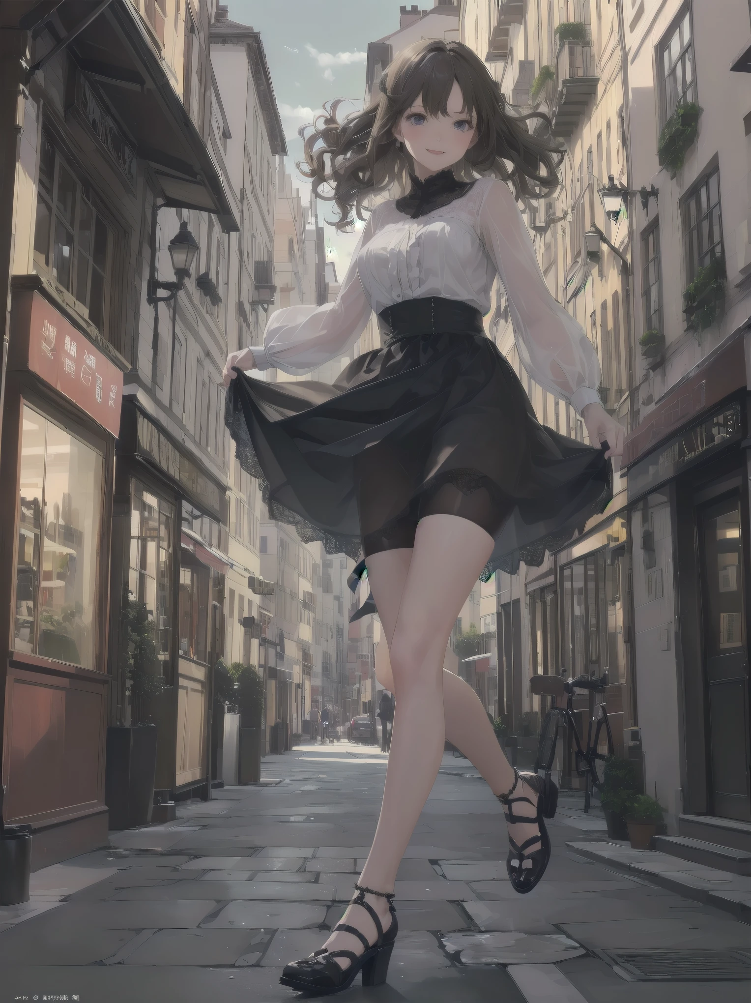 (((Very detailed, Very detailed CG ユニティ 8k 壁紙, figure, High resolution, Absurd, Beautiful fine details, finely detailed 胸, Very detailed髪)), ((masterpiece))
Subject: {A naïve young girl is boldly flouncing around
Subtitle: {Long brown curly hair}{Gothic dress, chiffon blouse and tulle skirt, lace and bead decoration}{Cycling in the city}{Streetscape of squares and cafés}{Glowing smile}{Drone camera, f/2.8, 1/2000 sec, ISO 400, wide angle lens}
A girl with long, curly brown hair is cycling in a cityscape of squares and cafés. She is dressed in a gothic dress, her chiffon blouse swaying in the breeze and her tulle skirt fluttering lightly. The dress is decorated with lace and beads, fashionable and detailed. Her muscles move powerfully with each pedal stroke, and her radiant smile attracts people in the street. In the background, a view of fashionable cafés and squares gives a sense of the bustling city atmosphere. Filmed with a drone camera at f/2.8 aperture, shutter speed 1/2000 sec, ISO 400, the wide-angle lens clearly captures the vast landscape and her movements. Her active appearance is depicted as realistically as if it were a scene from a film.