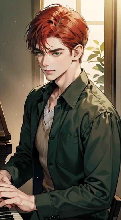 (best quality, masterpiece, 8K, photorealistic, cinematic lighting, 1:4 hdr image, top view, ultra detailed, beautiful image), a mature man, very handsome, short brown hair, green eyes, perfect face without errors , ((buttoning his jacket, CEO))