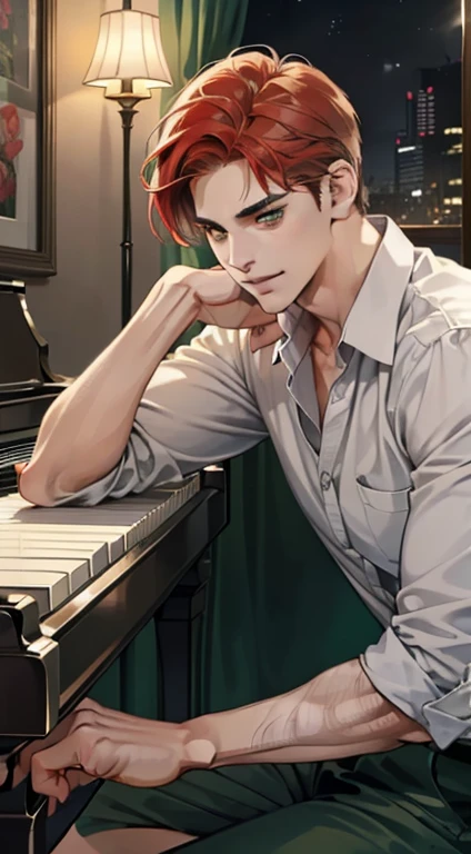 masterpiece, best quality, realistic, 1man, mature male, quiet and charming 1male, 30 years old, close his eyes, smirk, closed mouth, extremely detailed face, a little distant, ((dark green eyes)), ((short-side-swept sandy red hair)), [thick eyebrows], playing piano, 4K, cool light setting, (in the night)