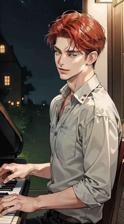 masterpiece, best quality, realistic, 1man, mature male, quiet and charming 1male, 30 years old, close his eyes, smirk, closed mouth, extremely detailed face, a little distant, ((dark green eyes)), ((short-side-swept sandy red hair)), [thick eyebrows], playing piano, 4K, cool light setting, (in the night)