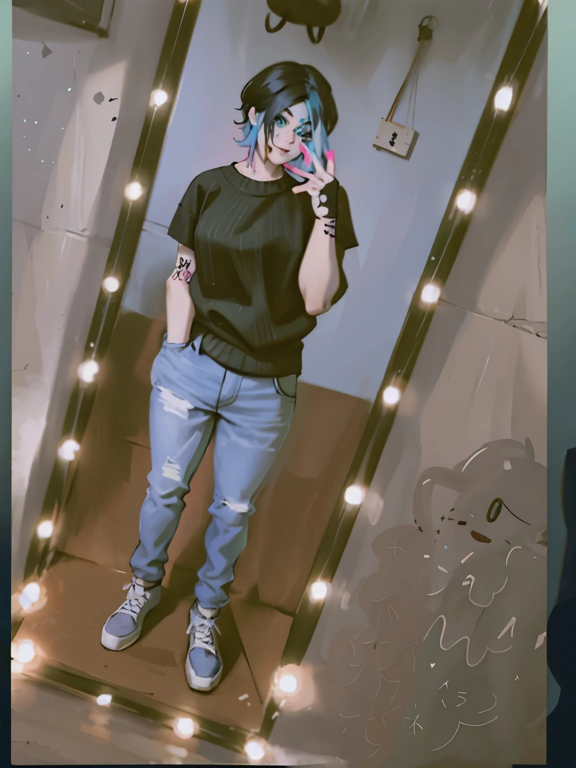 chica kpop con cara sonriente de rizz, impresionante, guantes negros, batido de bobba, neon cyan pink hair, tatuajes en manos y cuello, drilling, Black Mixed Green Striped Oversized Tomboy Sweater, pose genial y ruda, fondo de humo, colorful fondo de humo