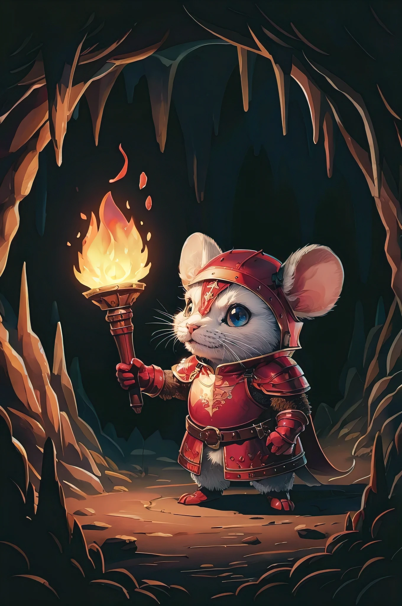 An adorable illustration of a mouse knight, dressed in vibrant red armor, holding a torch in a dark, cavernous cave. The knight has a cute, white and brown fur coat and a small yet noble demeanor. The torchlight illuminates the cave's rocky walls and mysterious stalactites, creating an atmosphere of adventure and discovery., illustration
