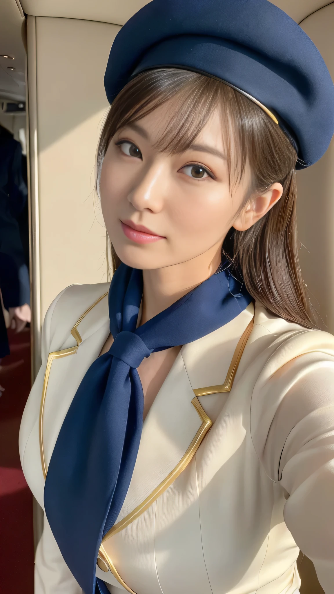 (8k, best quality, masterpiece, golden ratio composition,:1.3), (Zoom out shot:1.2), (A beautiful Japanese mature woman dressed in a classic flight attendant uniform, uniform is navy blue with a matching small beret, white blouse, red neck scarf, neatly styled hair ,light makeup), (huge breasts), standing in an airplane cabin