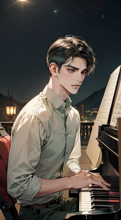 masterpiece, best quality, realistic, 1man, mature male, quiet and charming 1male, 30 years old, close his eyes, smirk, closed mouth, extremely detailed face, a little distant, ((dark green eyes)), ((short-side-swept sandy black hair)), [thick eyebrows], playing piano, 4K, cool light setting, (in the night)