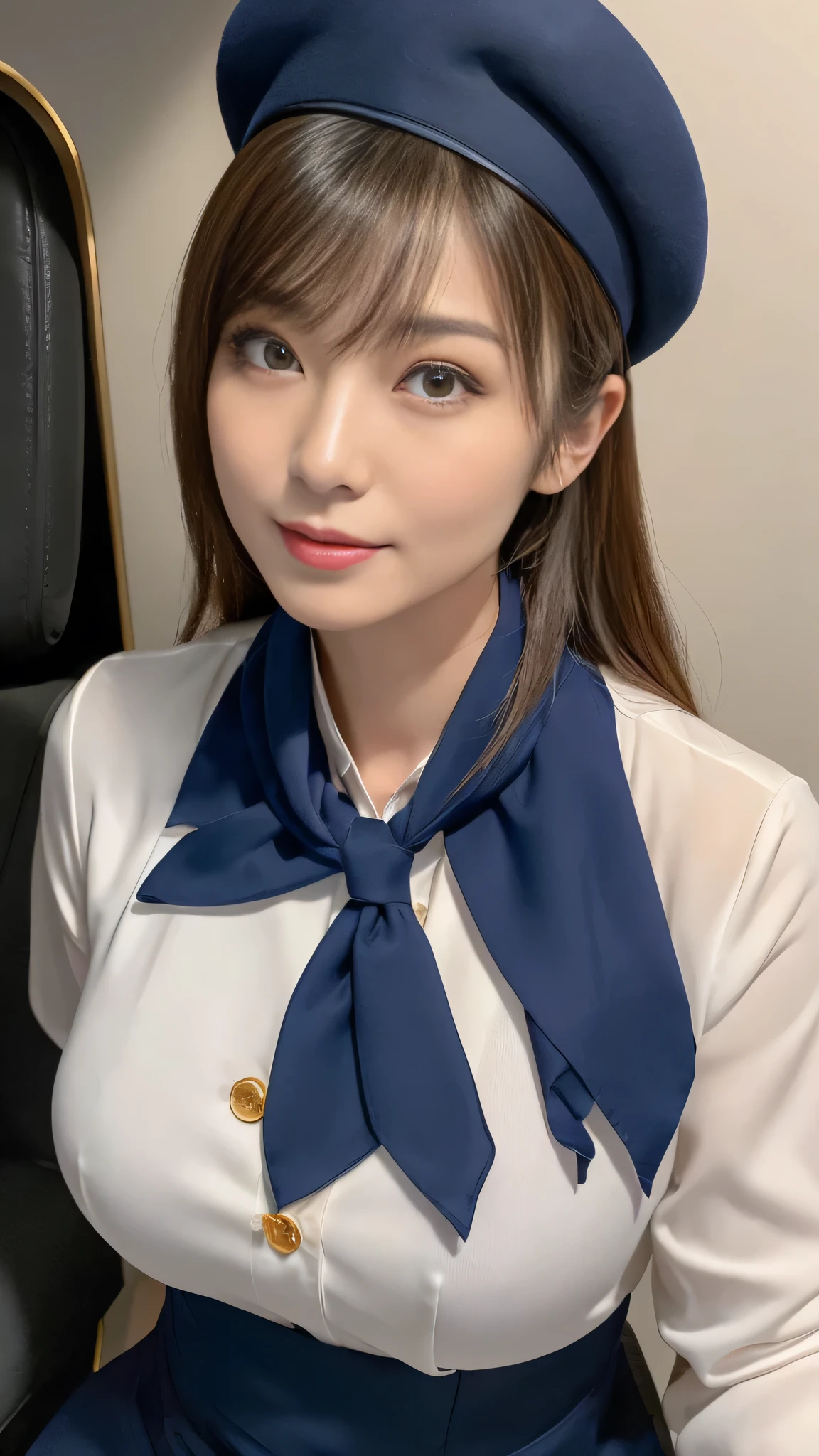 (8k, best quality, masterpiece, golden ratio composition,:1.3), (Zoom out shot:1.2), (A beautiful Japanese mature woman dressed in a classic flight attendant uniform, uniform is navy blue with a matching small beret, white blouse, red neck scarf, neatly styled hair ,light makeup), (huge breasts), standing in an airplane cabin