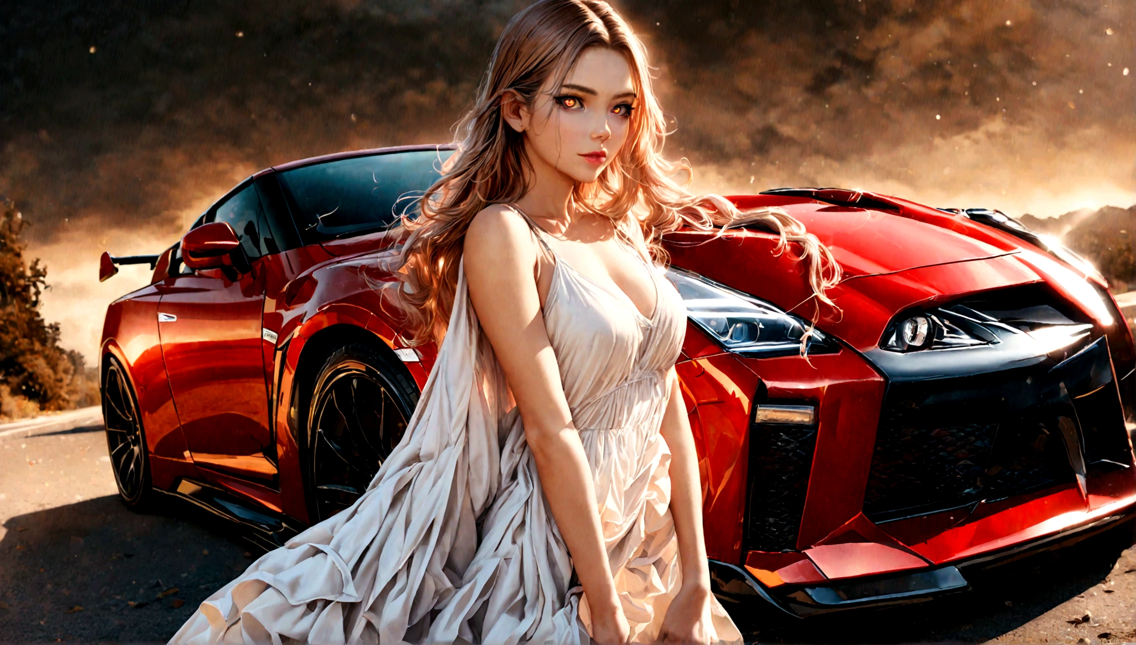 a beautiful girl in a tight dress, nissan gtr, amazing detailed car, luxury sports car, beautiful detailed girl, photorealistic, high quality, 8k, hyper realistic, cinematic lighting, dynamic composition, dramatic atmosphere, warm colors, glowing skin, mesmerizing eyes, luscious lips, flowing hair, elegant dress, graceful pose, stunning background, captivating story