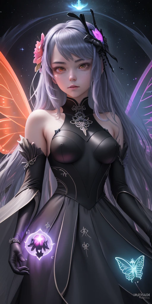 Ridiculous , high resolution, Super detailed, (1 girl:1.3), rest, fantasy dress, headgear, rest, light role, Dark persona, mind control, Fractal, whole body, Ceiling board, artistic background, blue bioluminescence, Geometric, organic, bless, favor, sublime, sublimation, noble, Expand, untie, anti-gravity, antimatter, guardian angel, holy, sacred, ta, dignified, red bioluminescence, flower, Holographic wings, on the magic circle, Photon, Butterfly, scales, galaxy, Piccolo,