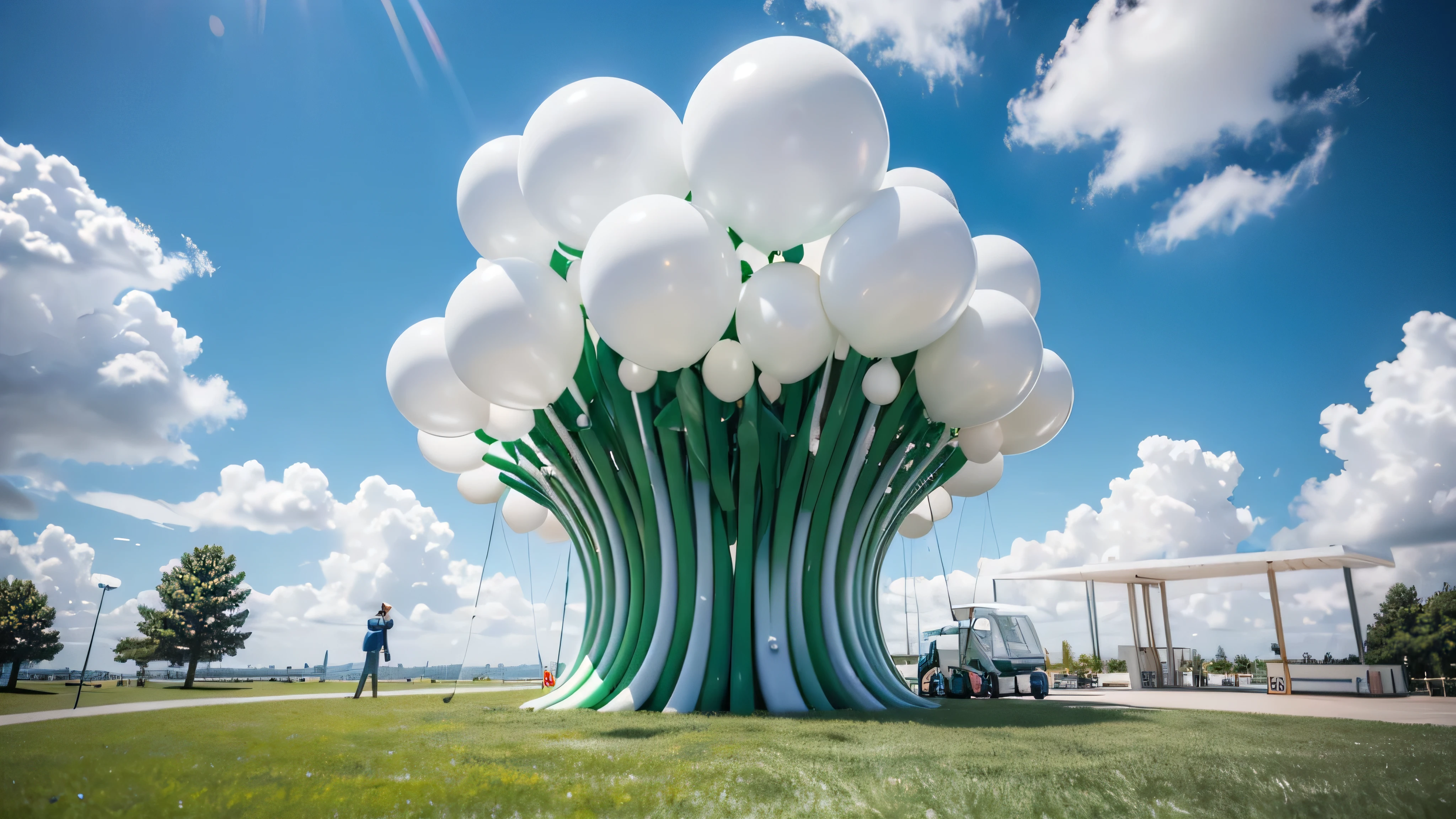 3.5-meter cloud acrylic swing device，put on grass，3D modeling，full view，actual，Decorated with cartoon fiberglass sculptures，Rendering suitable for commercial exhibition displays，Art installations, Bauhaus, Conceptual art, UHD, masterpiece, anatomically correct, high details, award winning, 16k, highres, best quality, accurate，Many white balloons,（Art installations on campus），（ Environmental Art, ），Public art installations
