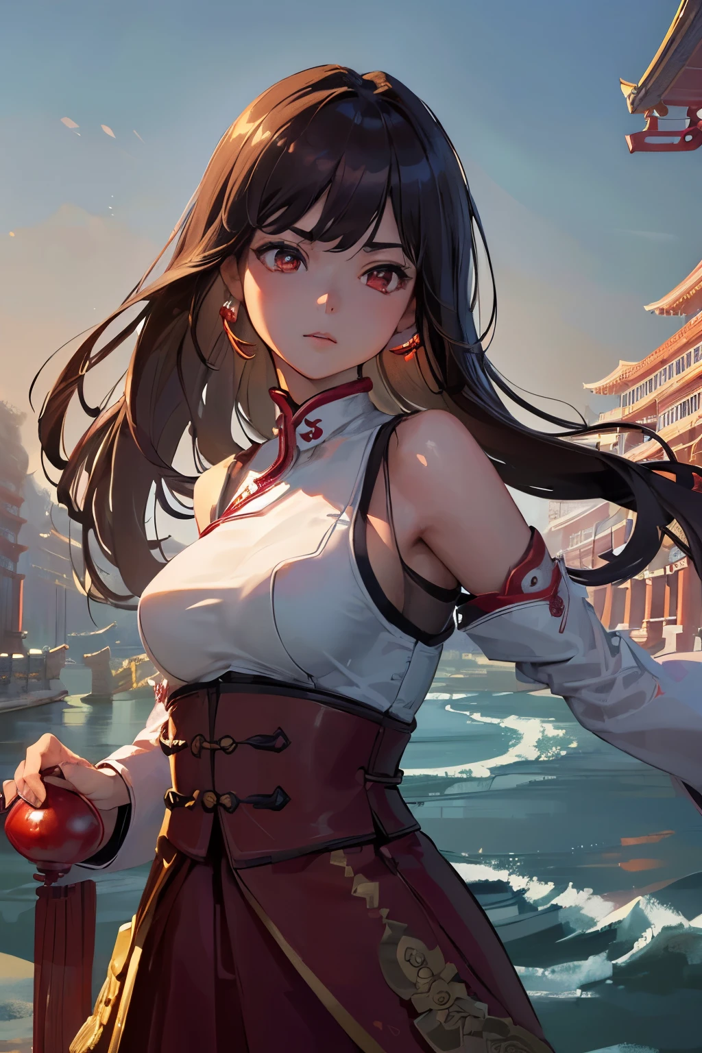 (highest quality: 1.3, masterpiece: 1.3), Ultra HD, (One girl, alone), Atmospheric perspective, Detailed face, Upper Body, compensate, Pink Lips, Cleft lip, Shiny skin, (Brown Hair), Super long hair, In front of an audience, Red eyes, Earrings, Small breasts, The body is slim, (White silk), (((((East Asian architecture, River side, Beautiful background))), Perfect lighting, (Front lighting), Physically Based Rendering,