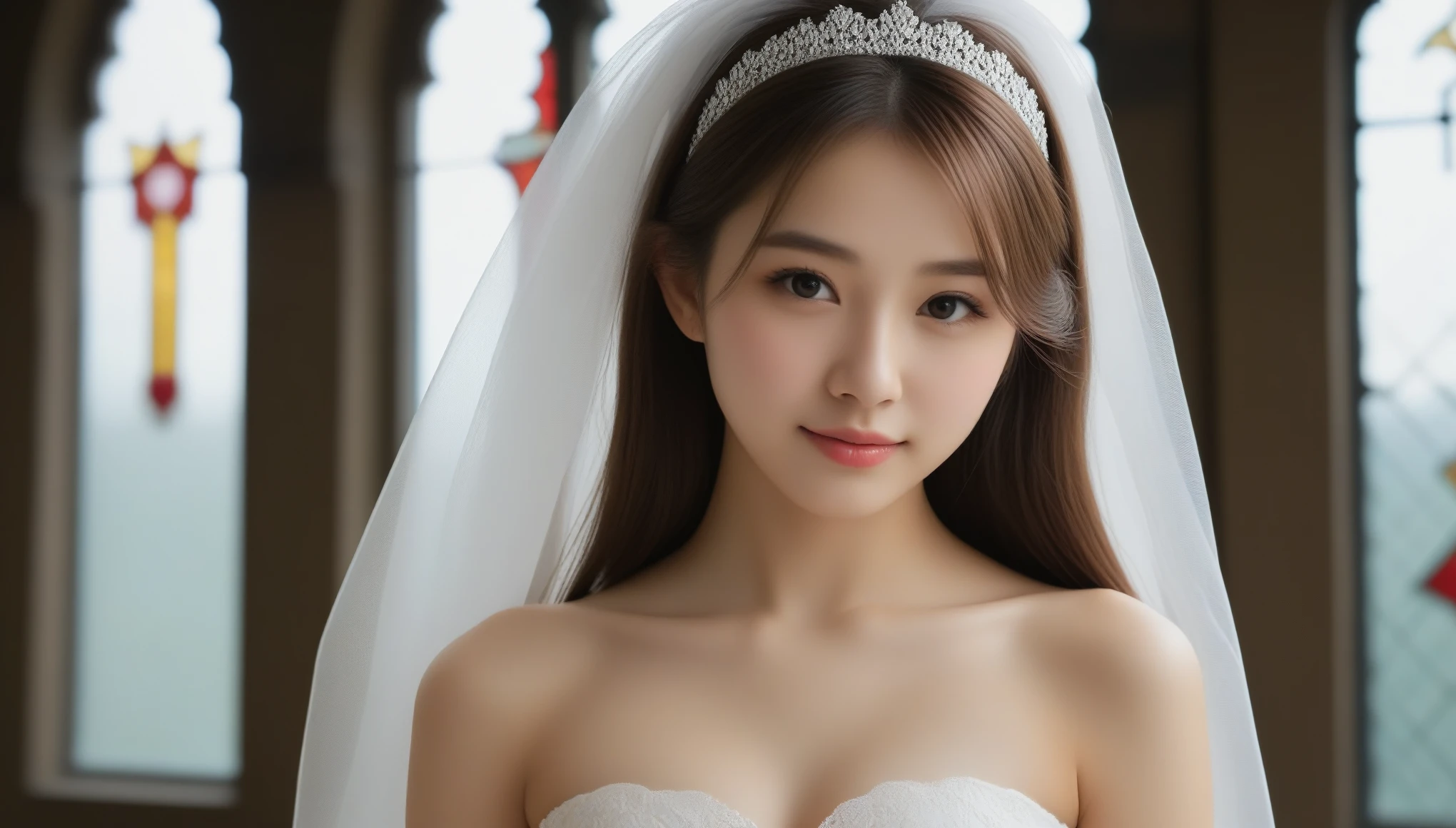 8k, Ultra-high resolution, highest quality, masterpiece, Rule of thirds photograph,Surreal, photograph, 1 girl, (:1.3), pretty girl, Cute Face, Beautiful eyes in every detail, 細かくdetailedに,masterpiece,, One Girl:1.2, Japanese junior high ly tied hair:1.3). (In the background is a very large and luxurious chapel..:1.3) ((驚くほど非常にSharp focus:1.3)).smile (Very beautiful and gorgeous stained glass:1.3) Notre Dame Cathedral (A very gorgeous altar)(whole bodyポートレート:1.3) Landscape Wedding Style bride Beautiful and luxurious bouquet Lace veil Wedding dress Very erotic dress ((whole bodyショット:1.4))、(Erotic half-open lips:1.3)、(8k) I want to have sex 、(Realistic:1.5)、RAWphotograph、(Best image quality:1.4)、(Sharp focus:1.5)、 highest quality、 (Erotic half-open lips:1.3) 超A high resolution、Perfect dynamic composition、 15 years old、thin、Beautiful woman:1.4、S、 Light brown hair、Bobcut、Shiny Hair、 非常にdetailedな顔、double eyelid、 Natural color lip、Beautiful Skin、,Looking at the audience、beauty,Long neck、Laugh a little、Please close your mouth and laugh、(((Ideal body type))),A-cup small breasts :2,whole body、Perfect Anatomy、鮮明なdetailed、detailed、Surreal、Light and shadow,Strong light