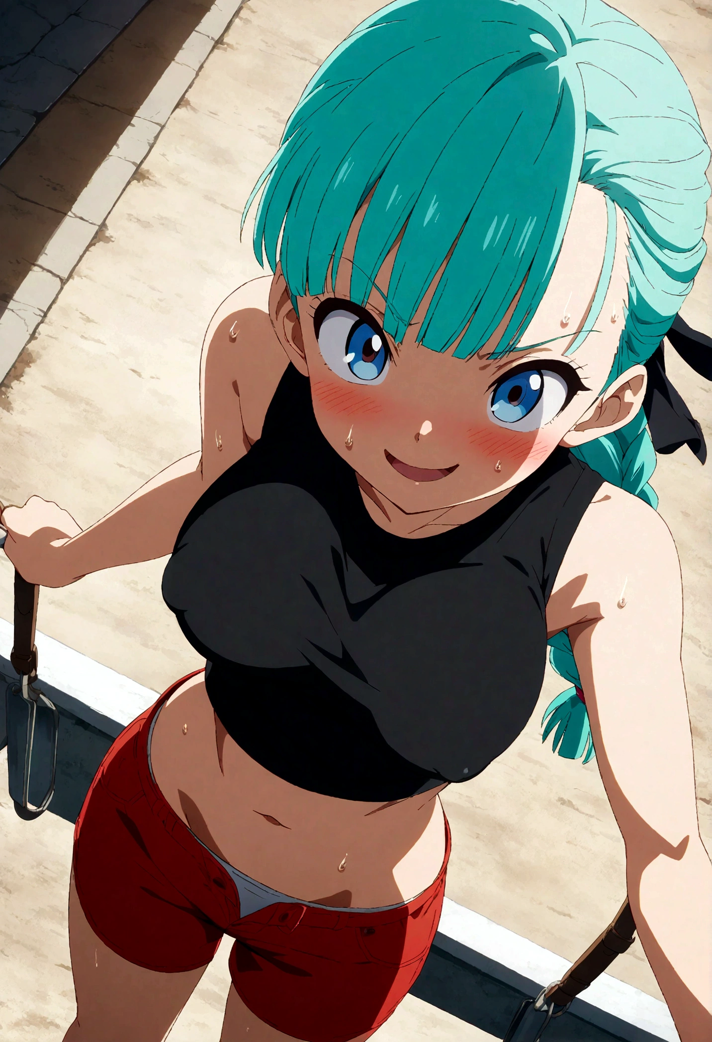  score_9, score_8_up, score_7_up, rating_safe ,BREAK  from front,standing,.pov,top angle,,straight-on,
,(upperbody), 1girl, bulma, dragon ball, aqua hair,bangs,hair ribbon,braided ponytail,(black_tanktop),navel,midriff ,hot_pants,open fly,,large_breast.puffy nipple:1.2 ,(smug,Sweat,),(blush:1.2),openmouth,,,
,Solo,,(daytime and outdoor,),
,,,detailed skin,(masterpeace),(best quality),(good quality),(great quality),(aesthetic,very aesthetic),((anime,anime Style,anime keyvisual,cel shading)),anime coloring,sharp focus,depth of field,(beautiful,more detail XL),,(swing bouncing_breasts:1.3),(motion lines),(motion_blur) ,(cinematic lighting,professional lighting),cinematic shadows,backlighting.lens flare.