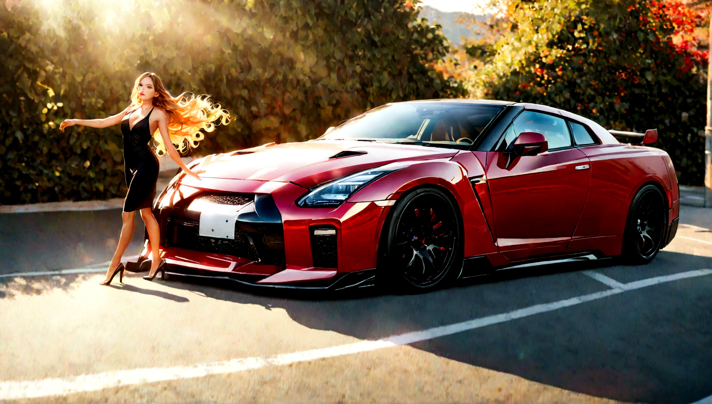 a beautiful girl in a tight dress, nissan gtr, amazing detailed car, luxury sports car, beautiful detailed girl, photorealistic, high quality, 8k, hyper realistic, cinematic lighting, dynamic composition, dramatic atmosphere, warm colors, glowing skin, mesmerizing eyes, luscious lips, flowing hair, elegant dress, graceful pose, stunning background, captivating story