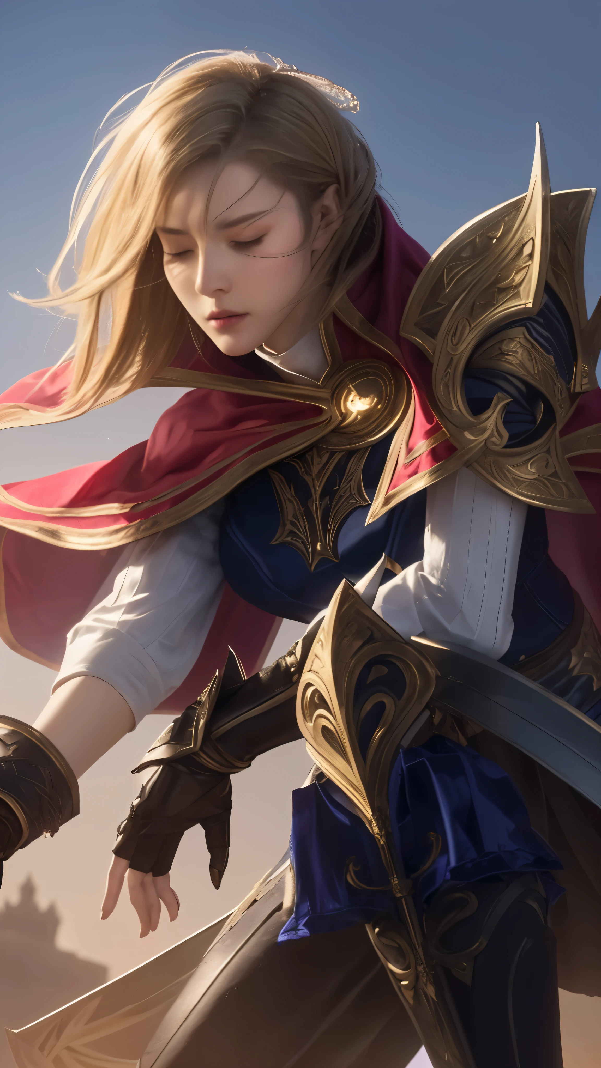 a woman with a long flowing cape, holding a sharp sword, eyes closed, highly detailed, cinematic lighting, epic fantasy, dramatic pose, beautiful face, intricate costume details, masterpiece, photorealistic, 8k, HDR, studio lighting