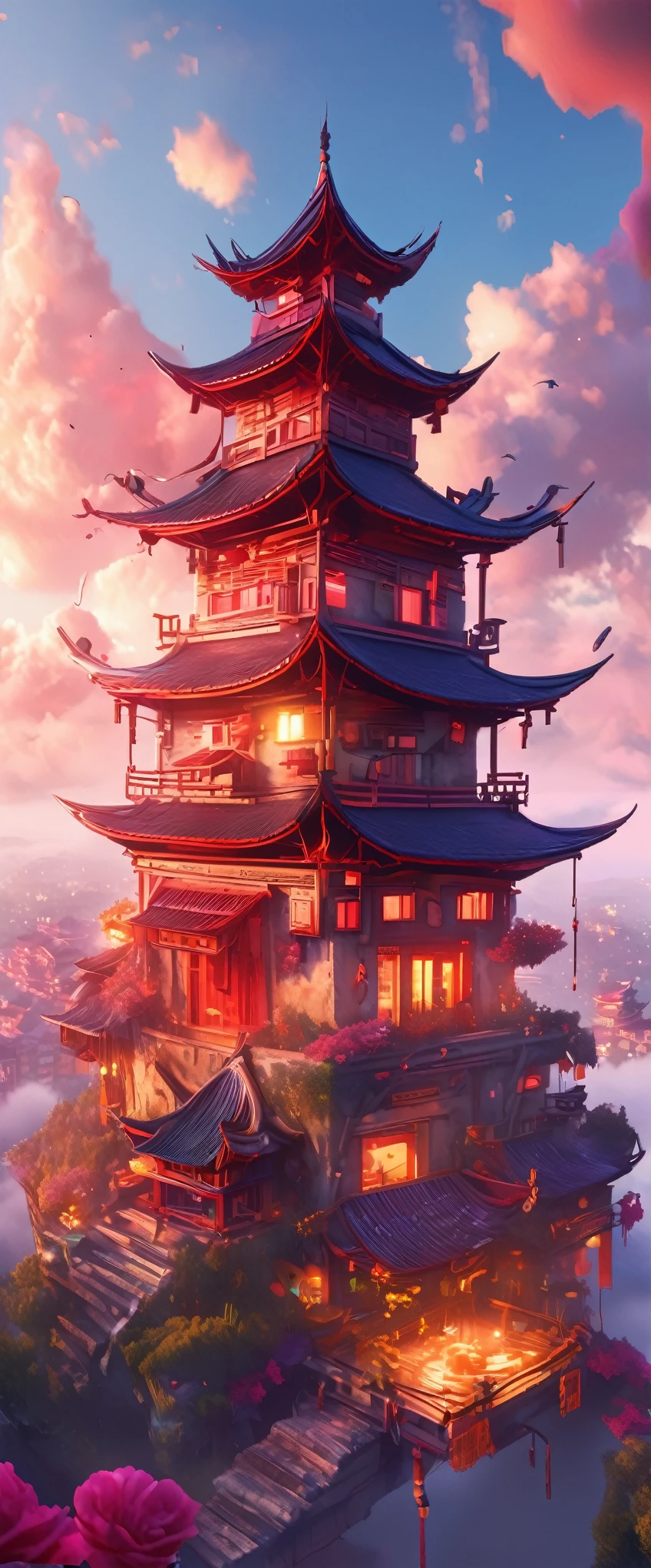 Buildings above the clouds(Ultra-high resolution:1.4)、(Fantasy、cyber punk、Ancient Chinese castles:1.3)、(Irregular red building:1.5)、(Floating in the clouds:1.2)、(Patchwork Cottage、Neon lighting、Floral decoration:1.4)、(Cityscape in the sky:1.1)、(Ross Tran、Inspired by Mikey Chan:1.2)、(Realistic lighting、Light Shaft、Warm glow:1.3)、(masterpiece:1.2)、(high quality、Beautiful graphics、Single image