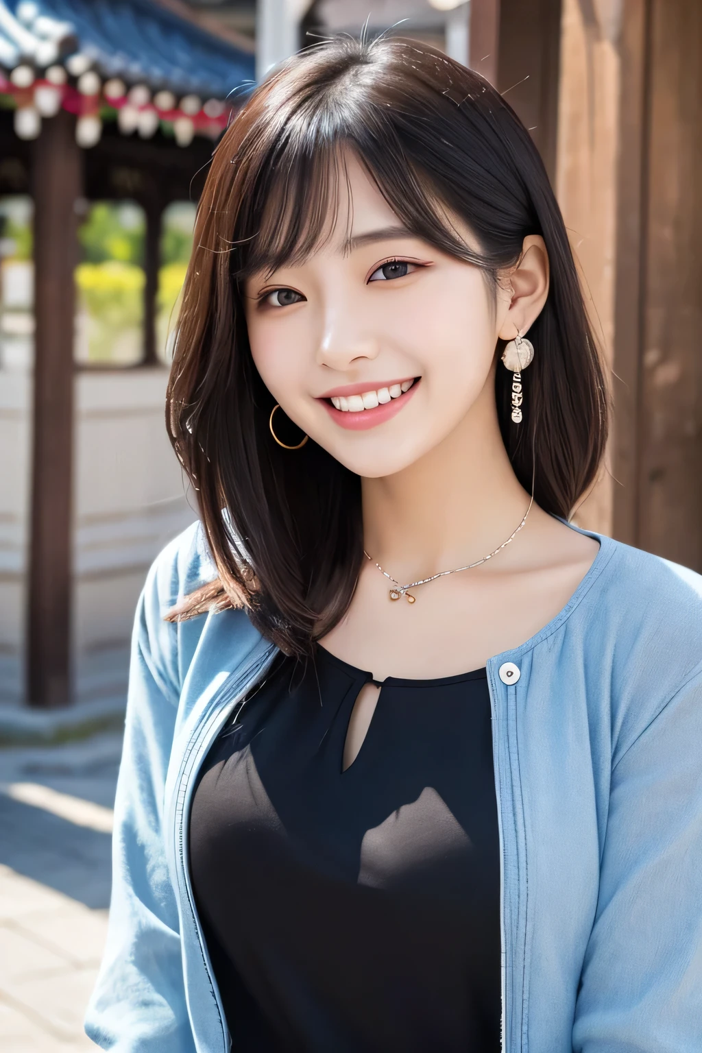 Beautiful young woman、 Korean women、Black Hair、ear piercing、Necklace around the neck、blouse、Jacket、smile、Laughing with your mouth open、Beautiful teeth alignment、Intricate details, Very detailed:1.2), 、 Looking into the camera,The background is the town