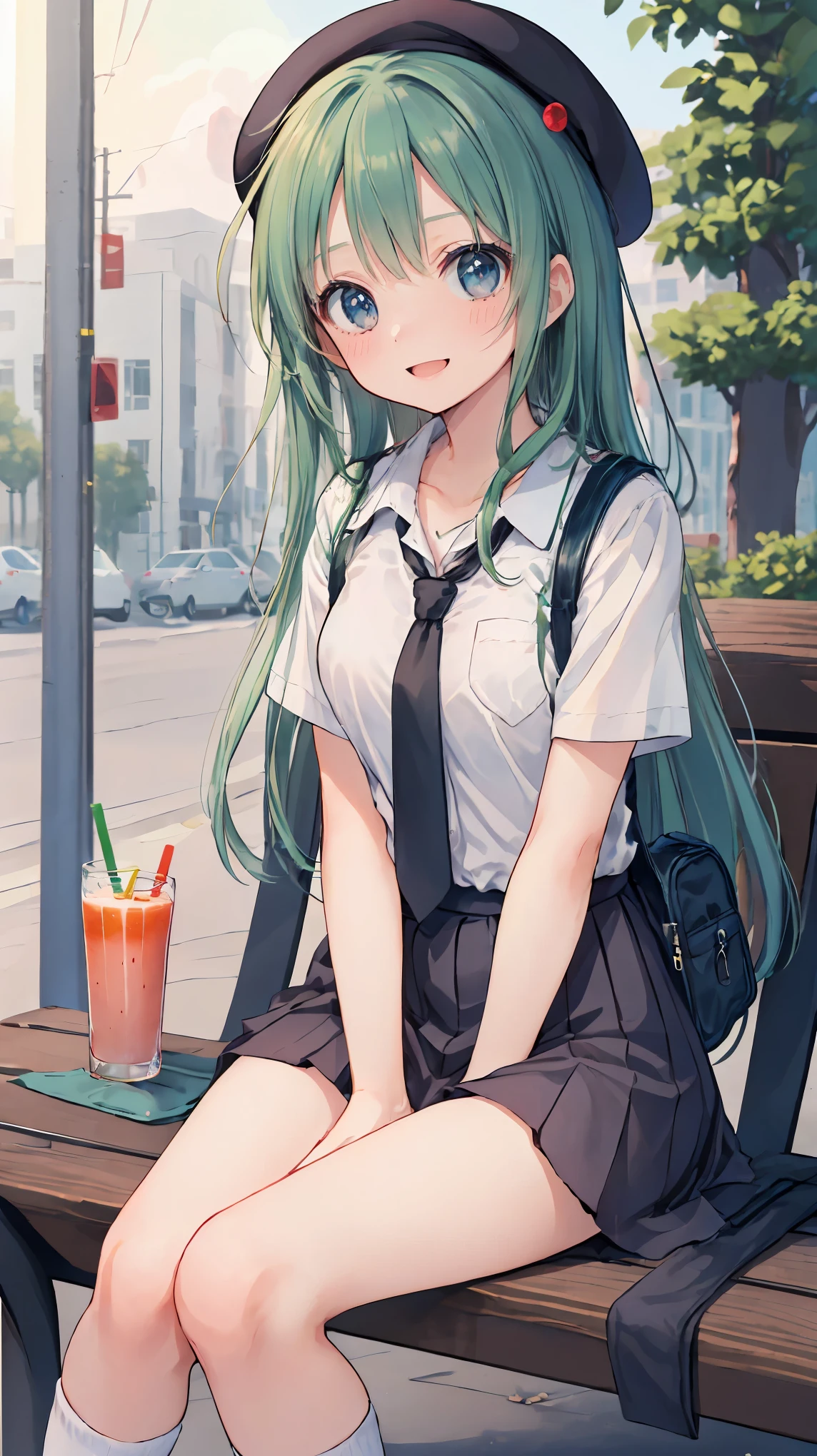 (masterpiece, highest quality), High resolution, Detailed face:1.2, (anime_style:1.2), Sharpness, 4K, A woman taking a photo, happy smile, Panic face, upset, Open your mouth, Long Hair, Green Hair, Straight hair, Fine skin, Beautiful Hands, Beautiful fingers, Wearing a beret, tie, Short sleeve blouse, Pleated skirt, school bag, Thighs, Absolute area, Knee socks, hand between legs, Hot summer day, School, Schoolyard, Sitting on a bench, holding Canned juice, Natural light, Sharp focus, Hasselblad Photography, Cinema Lighting, whole body, Canned juice,